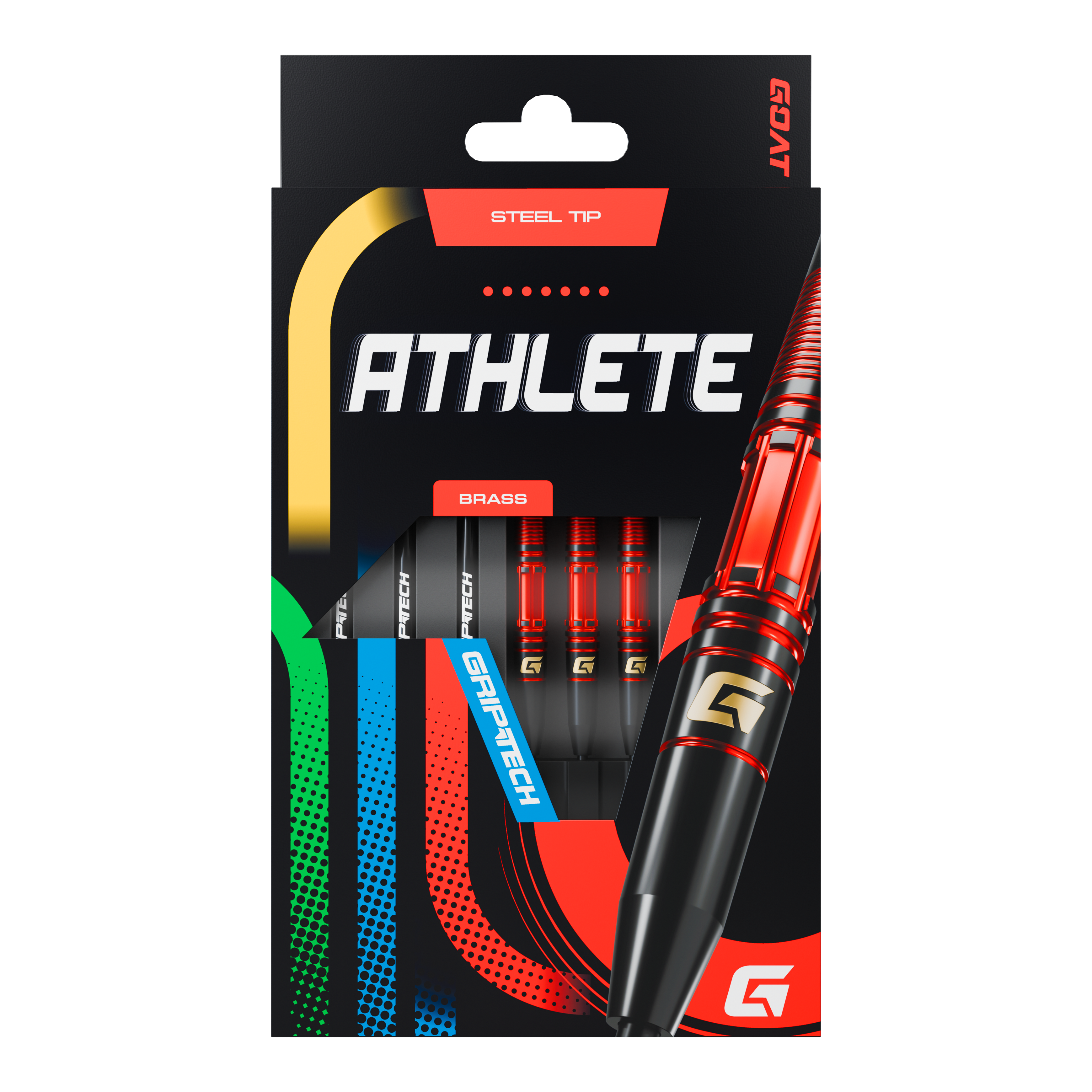 Freccette in acciaio GOAT Athlete in ottone rosso - 11 g Das Bild zeigt die Verpackung der GOAT Athlete Red Brass Steeldarts mit einem Gewicht von 11g. Die Darts haben eine rote und schwarze Farbgebung und verfügen über eine Stahlspitze.