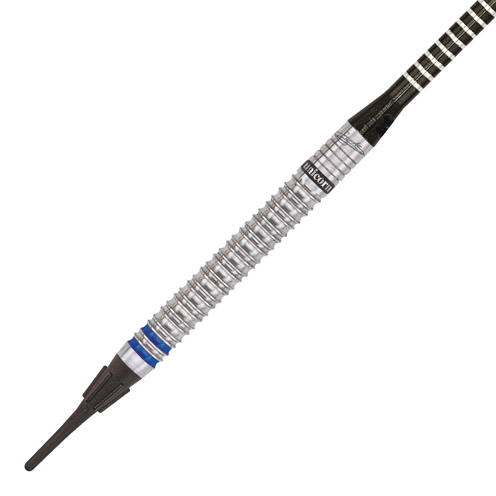 04188_Unicorn_World_Champion_Natural_Phase_3_Gary_Anderson_Softdarts_2 Auf dem Bild ist ein Unicorn World Champion Natural Phase 3 Gary Anderson Softdart mit 18 Gramm zu sehen. Der Dart hat einen silbernen, geriffelten Schaft und blaue Akzente nahe der Spitze.