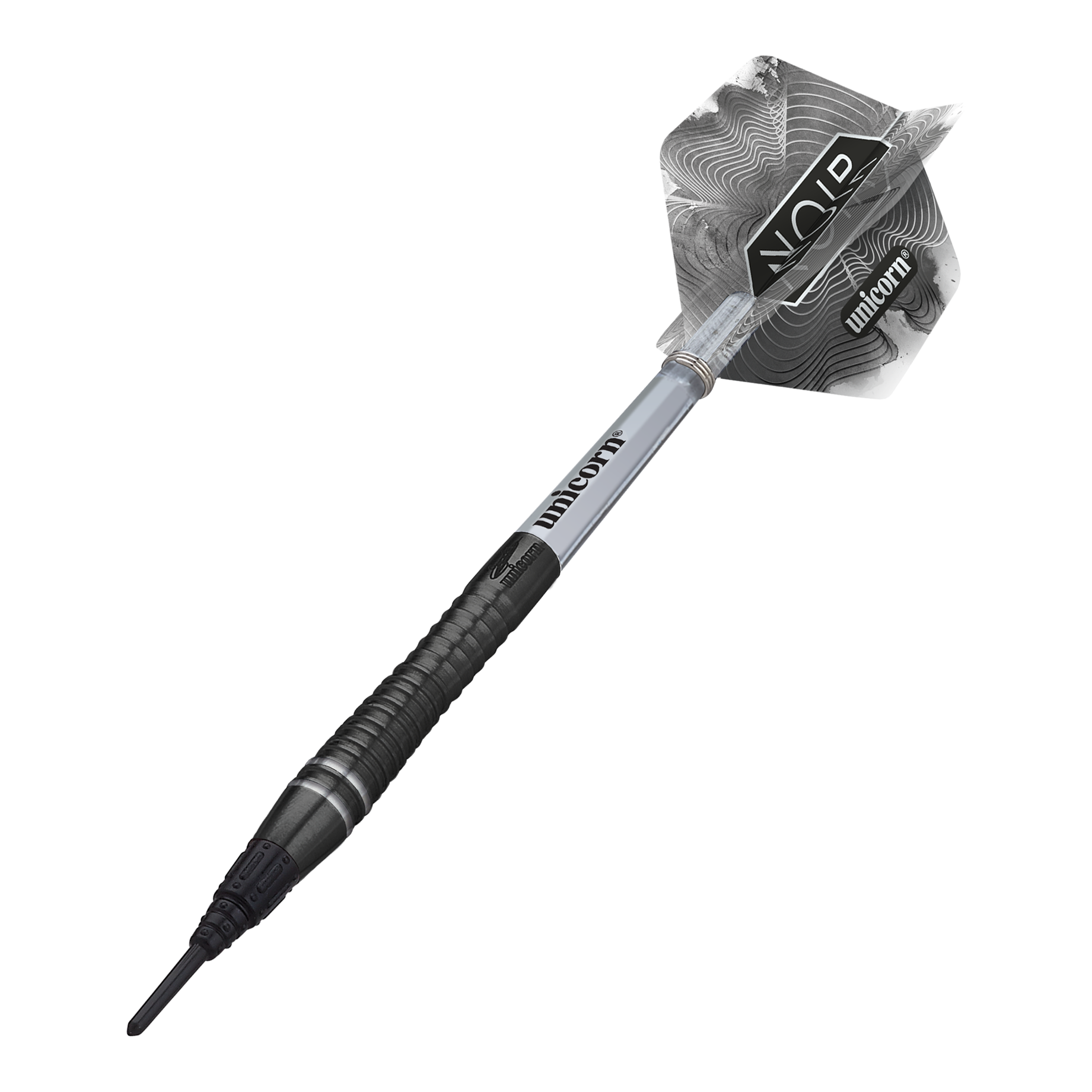 Campione del mondo Unicorn Gary Anderson Noir Fase 6 Soft Darts Das Bild zeigt einen Unicorn World Champion Gary Anderson Noir Phase 6 Softdart. Der Dartpfeil ist schwarz-silbern und hat ein modernes, gemustertes Flight-Design.