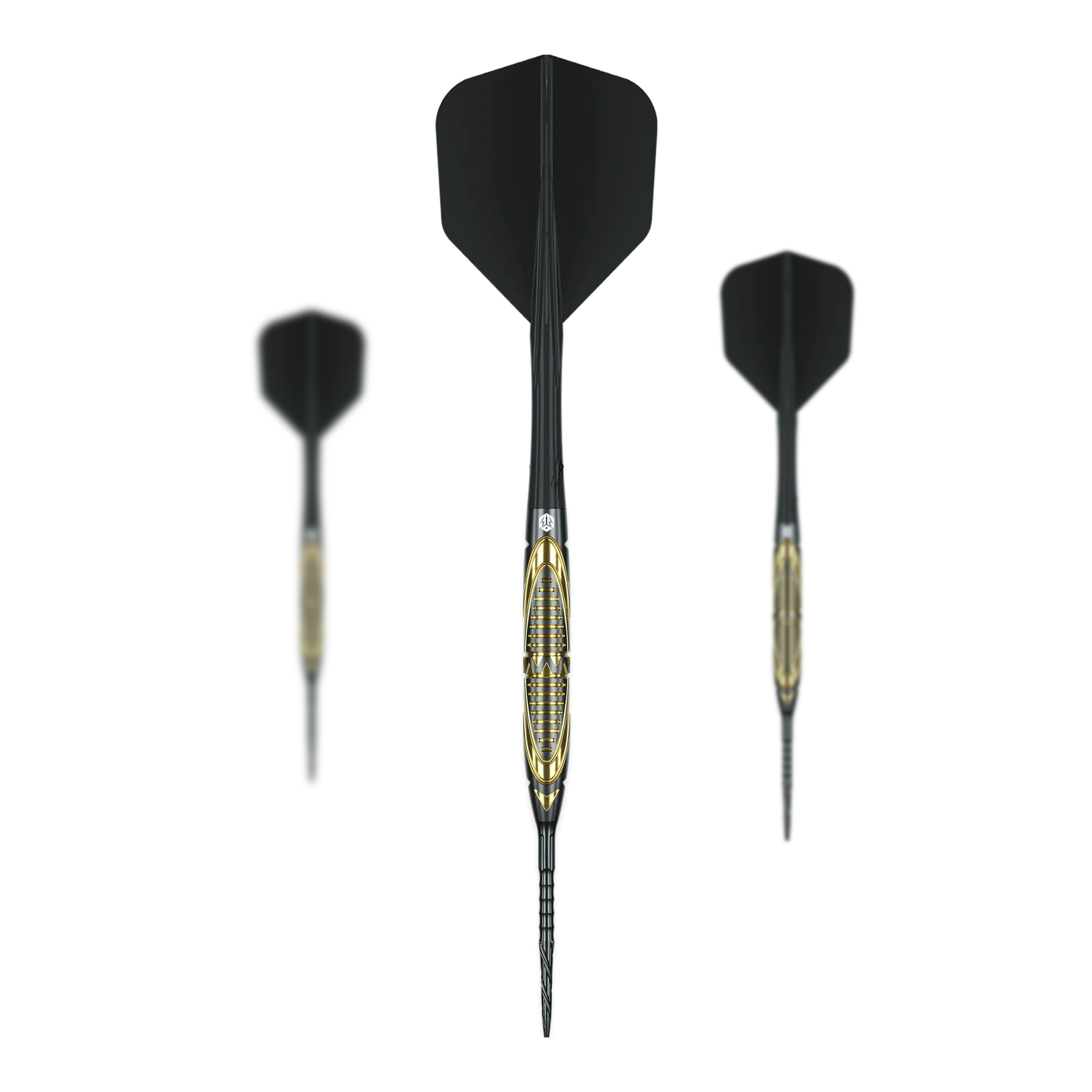 Freccette in acciaio Caliburn Halo H2 - 22,5 g Auf dem Foto sind die Caliburn Halo H2 Steeldarts - 22,5g als komplettes Set zu sehen. Die Steeldarts liegen nebeneinander angeordnet.