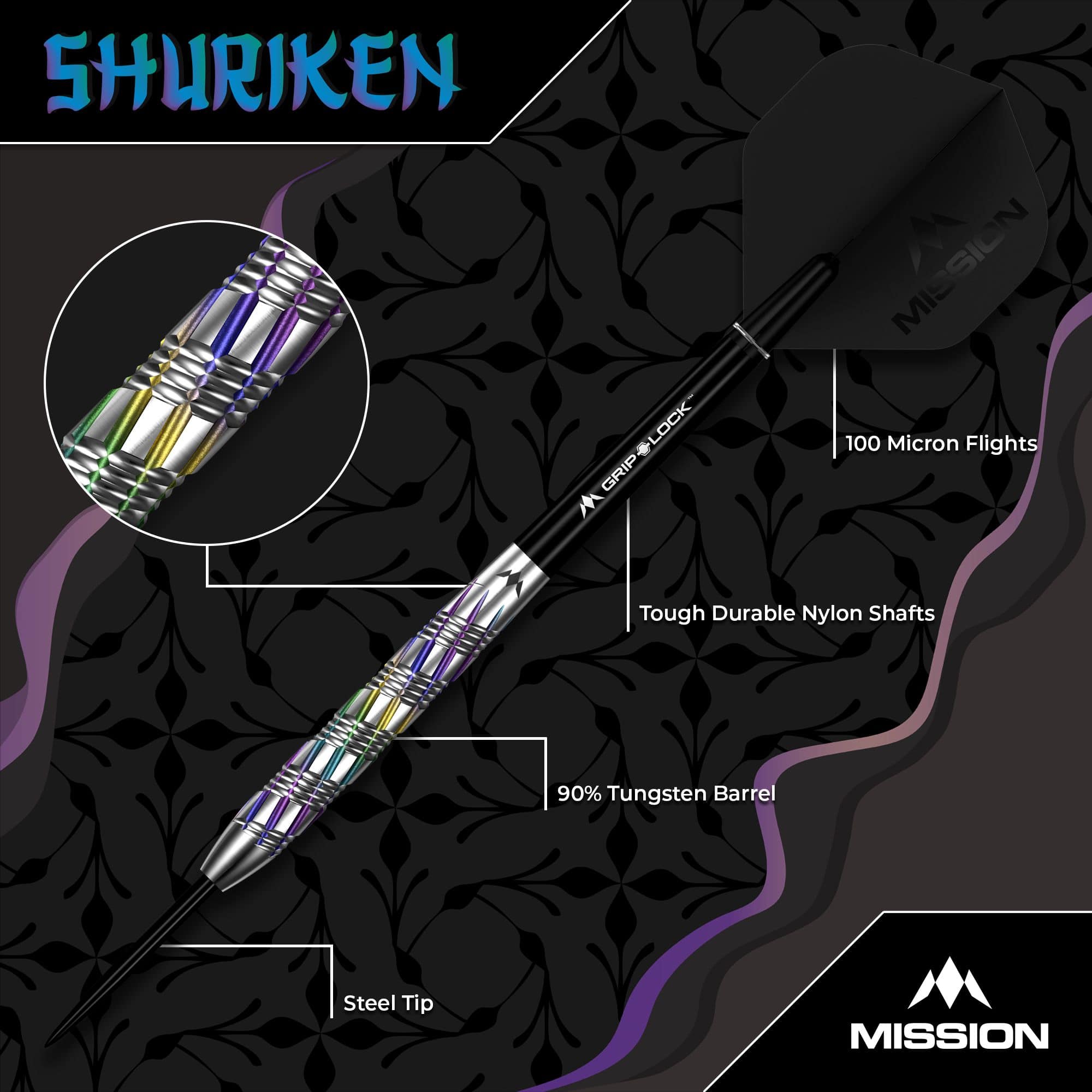 Freccette in acciaio Shuriken Mission Mission Shuriken Steeldarts sind für ambitionierte Dartspieler geeignet. Das Foto zeigt die Mission Shuriken Steeldarts aus einer anderen Perspektive.