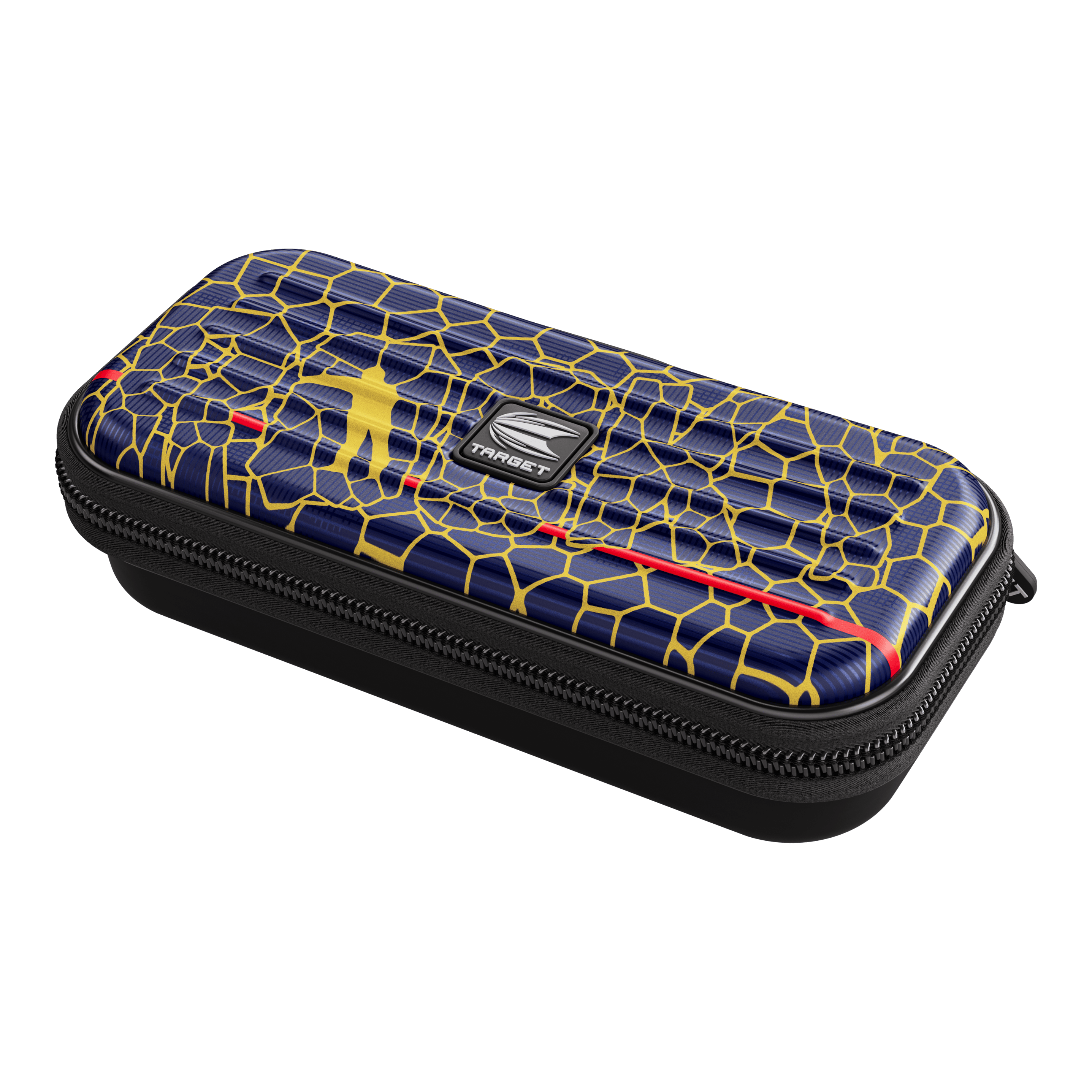 Custodia per freccette Target Takoma Josh Rock Das Bild zeigt das Produkt "Target Takoma Josh Rock Dartcase". Das Dartcase hat ein auffälliges Design mit gelben Linien auf dunkelblauem Hintergrund und einem kleinen Logo in der Mitte.