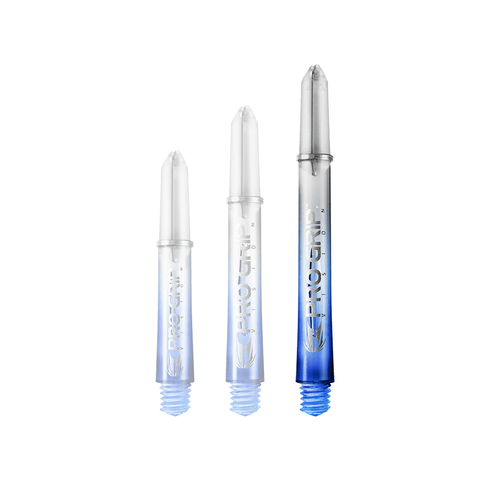 Das Bild zeigt drei unterschiedlich lange Dartshafts der Marke "Pro Grip" in Blau. Sie sind unten blau und werden nach oben hin durchsichtig.