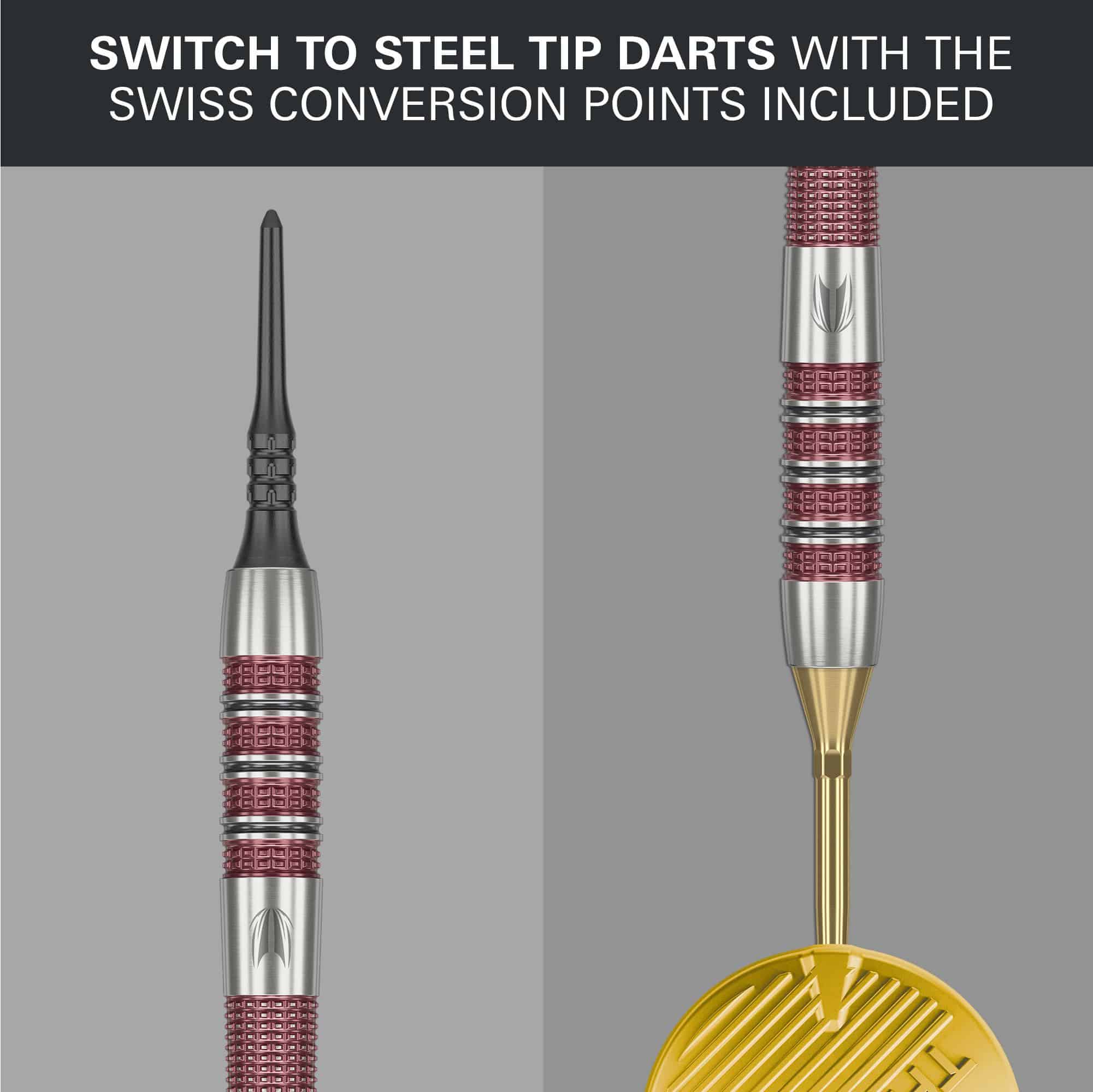 Freccette morbide Target Stephen Bunting 95K - 19 g Das Bild zeigt die Target Stephen Bunting 95K Softdarts mit einem Gewicht von 19 Gramm. Oben steht, dass man mit den enthaltenen Swiss Conversion Points einfach auf Steel-Tip-Darts wechseln kann.