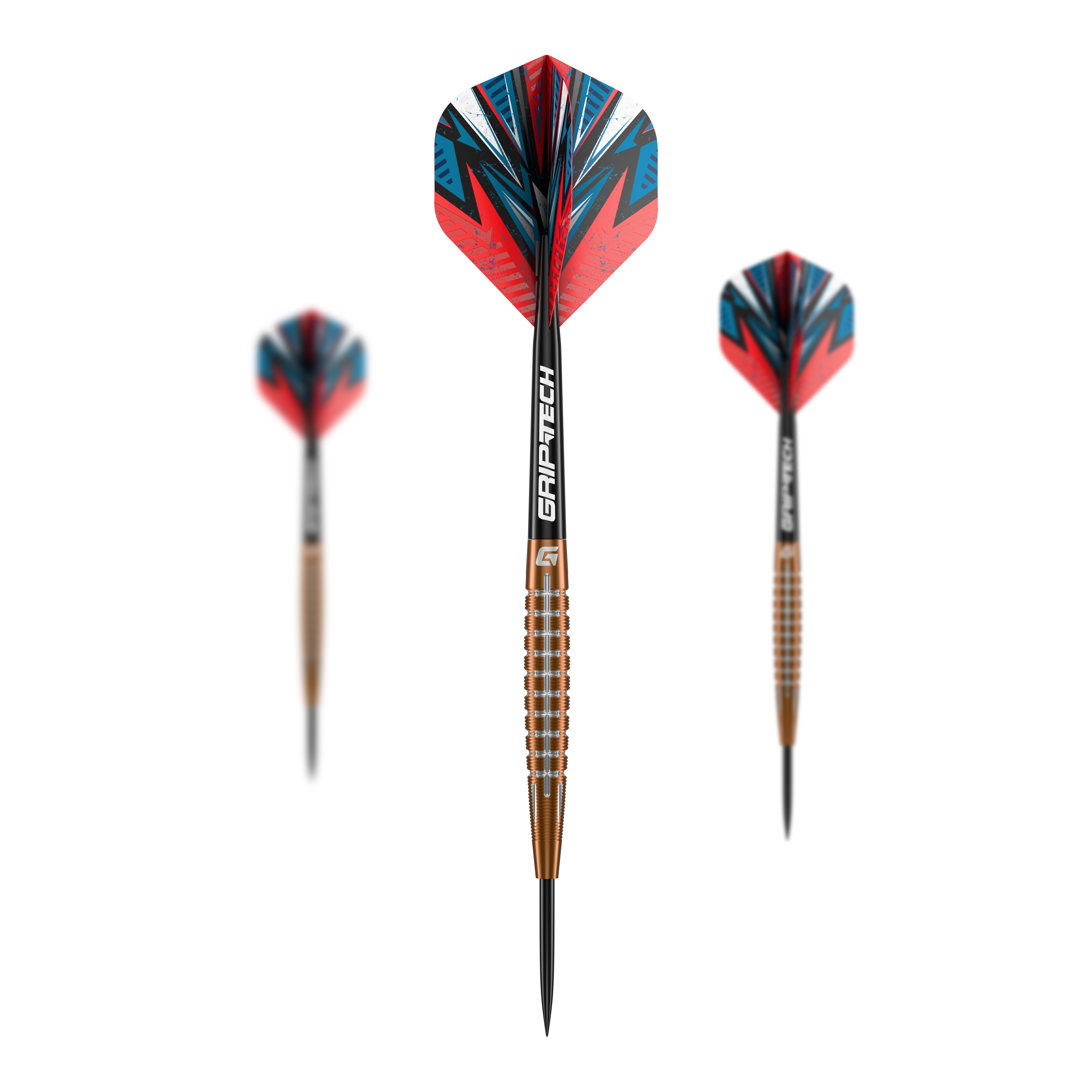 Freccette in acciaio al tungsteno GOAT Quarterback V1 Das Bild zeigt drei GOAT Quarterback V1 Tungsten Steeldarts. Die Pfeile haben bunte Flights in Rot, Blau und Schwarz sowie einen bronzefarbenen, gerillten Schaft.