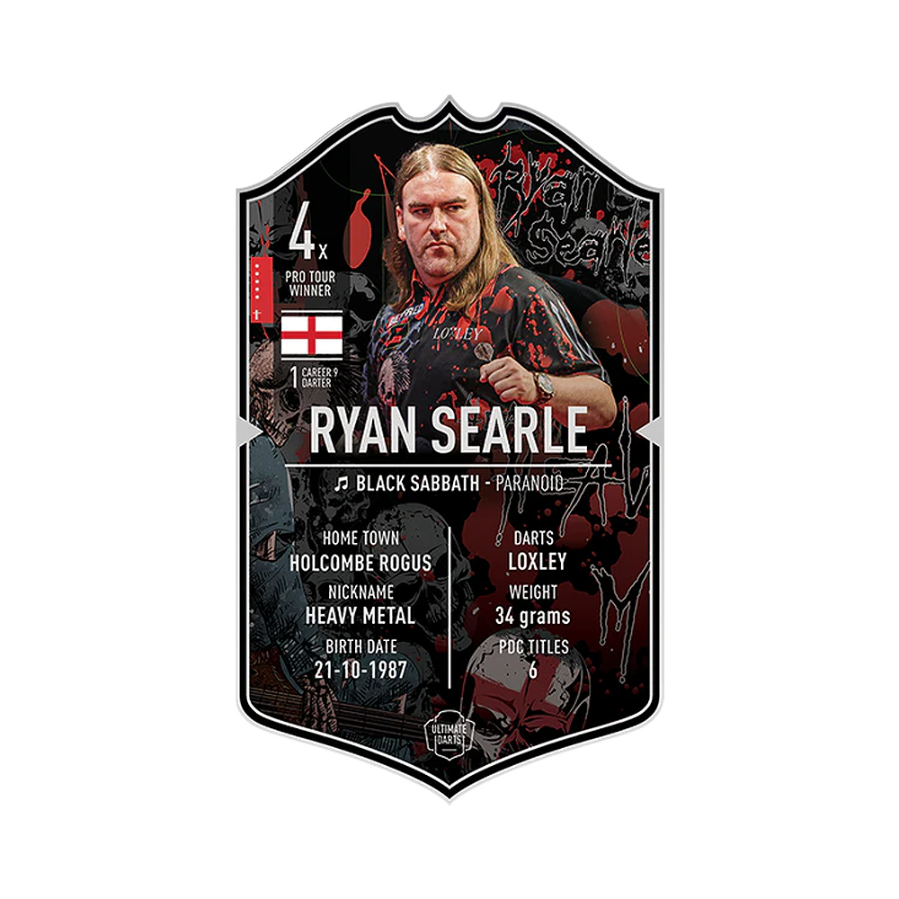 Carta freccette definitiva - Ryan Searle Das Bild zeigt die „Ultimate Darts Card“ von Ryan Searle. Auf der Karte sind Informationen zu seinem Spitznamen, Geburtsdatum, Herkunft und Erfolgen im Dartsport zu sehen.
