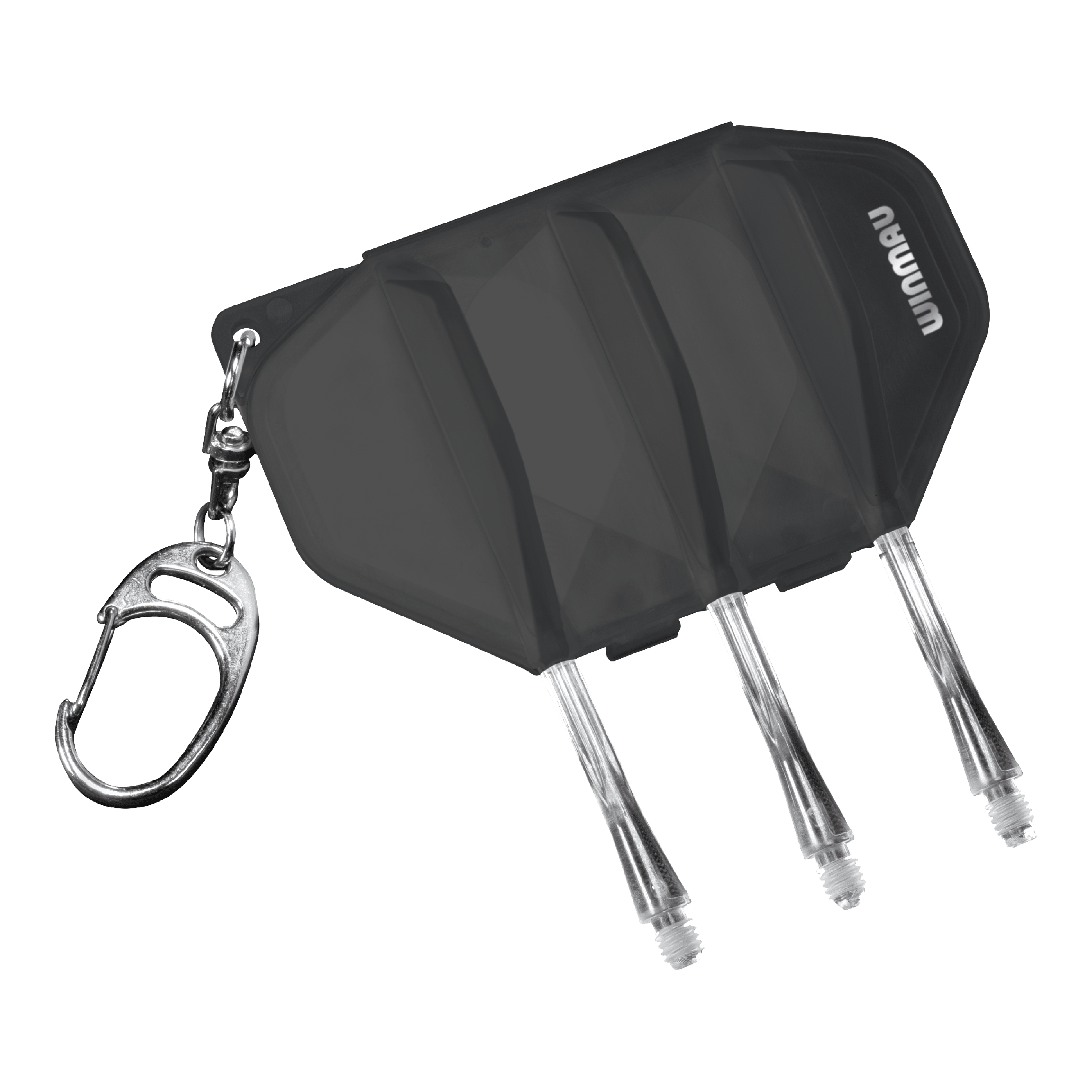 Custodia da volo Winmau Fusion - nera trasparente Das Bild zeigt das Winmau Fusion Flightcase in der Farbe Clear Black. Es besitzt einen Schlüsselanhänger und Platz für Darts-Flights und -Shafts.