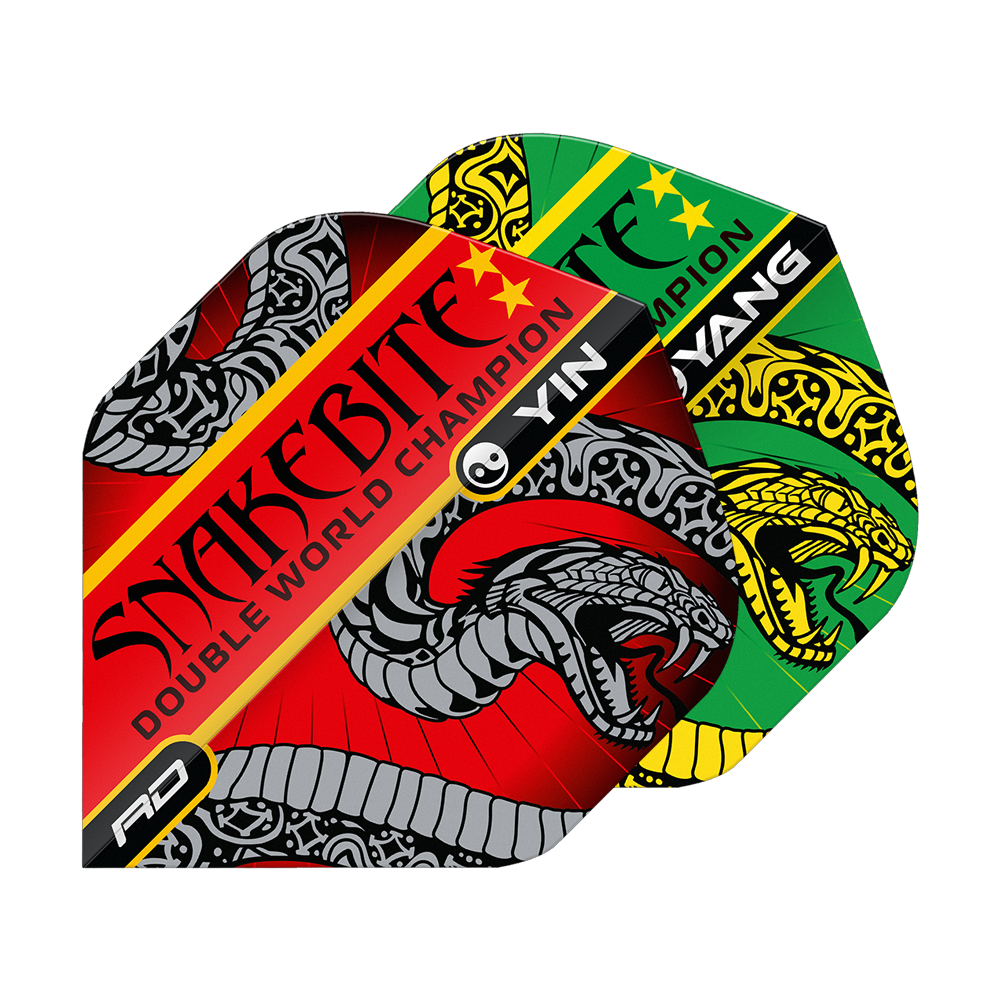 Voli standard Red Dragon Peter Wright Snakebite Red Green Yin Yang Auf dem Bild sind zwei bunte Dart-Flights mit Schlangenmotiven zu sehen. Die Flights tragen die Aufschrift "Snakebite Double World Champion" und haben die Farben Rot und Grün.