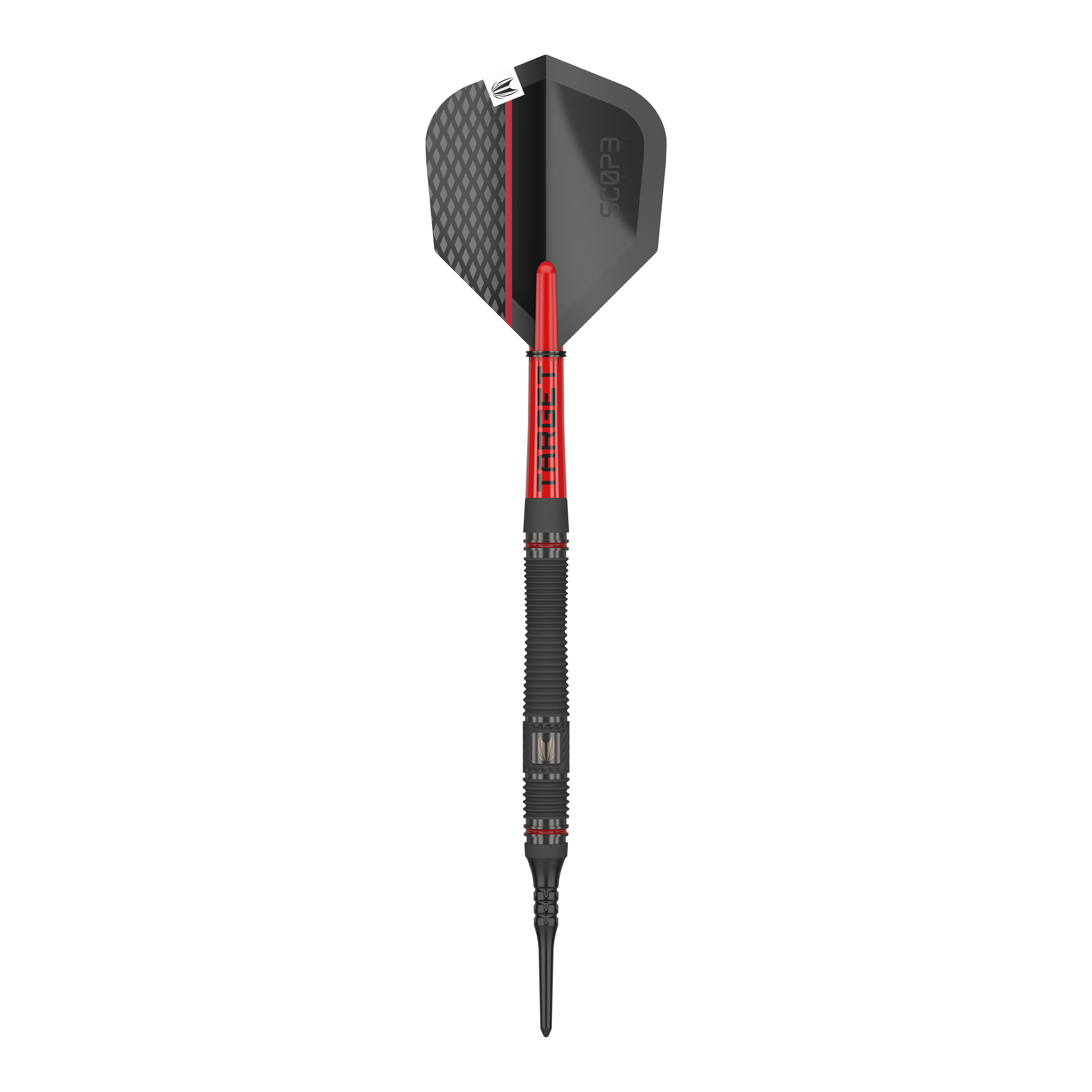 Target per mirino 11 freccette morbide Das Bild zeigt einen Softdart namens "Target Scope 11 Softdarts". Der Dart ist schwarz und rot mit einem modernen Design und einer strukturierten Oberfläche.
