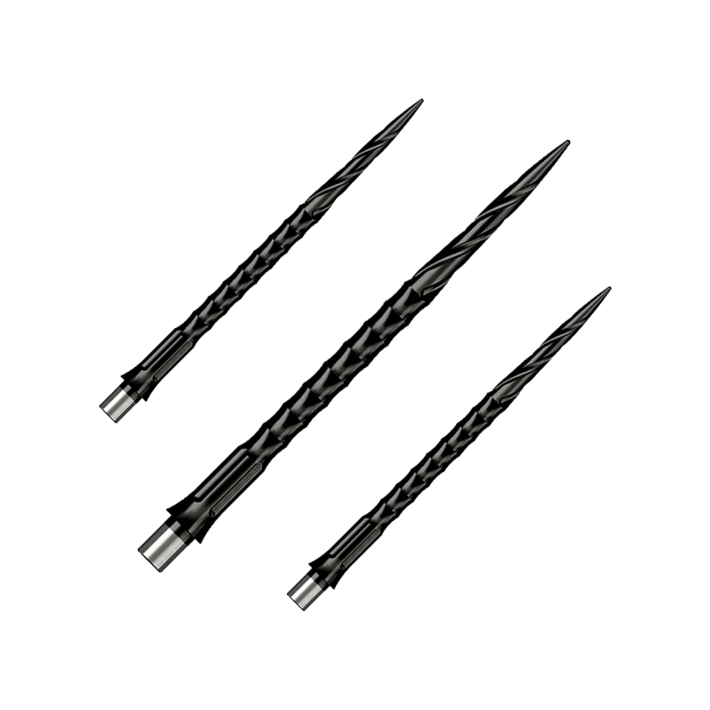 Das Bild zeigt ein Produkt mit dem Dateinamen EVO033_Caliburn_Evo_System_Steeldartspitzen_Spiro_NoLip_Black_40mm_1Set. Es könnte sich um ein Set von schwarzen Steeldartspitzen handeln.