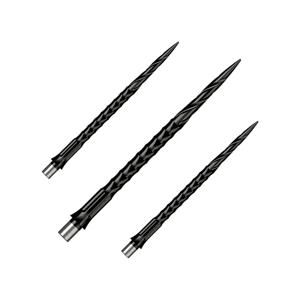 Punte per freccette in acciaio Caliburn System - Spiro - No Lip - Nero Das Bild zeigt ein Produkt mit dem Dateinamen EVO033_Caliburn_Evo_System_Steeldartspitzen_Spiro_NoLip_Black_40mm_1Set. Es könnte sich um ein Set von schwarzen Steeldartspitzen handeln.