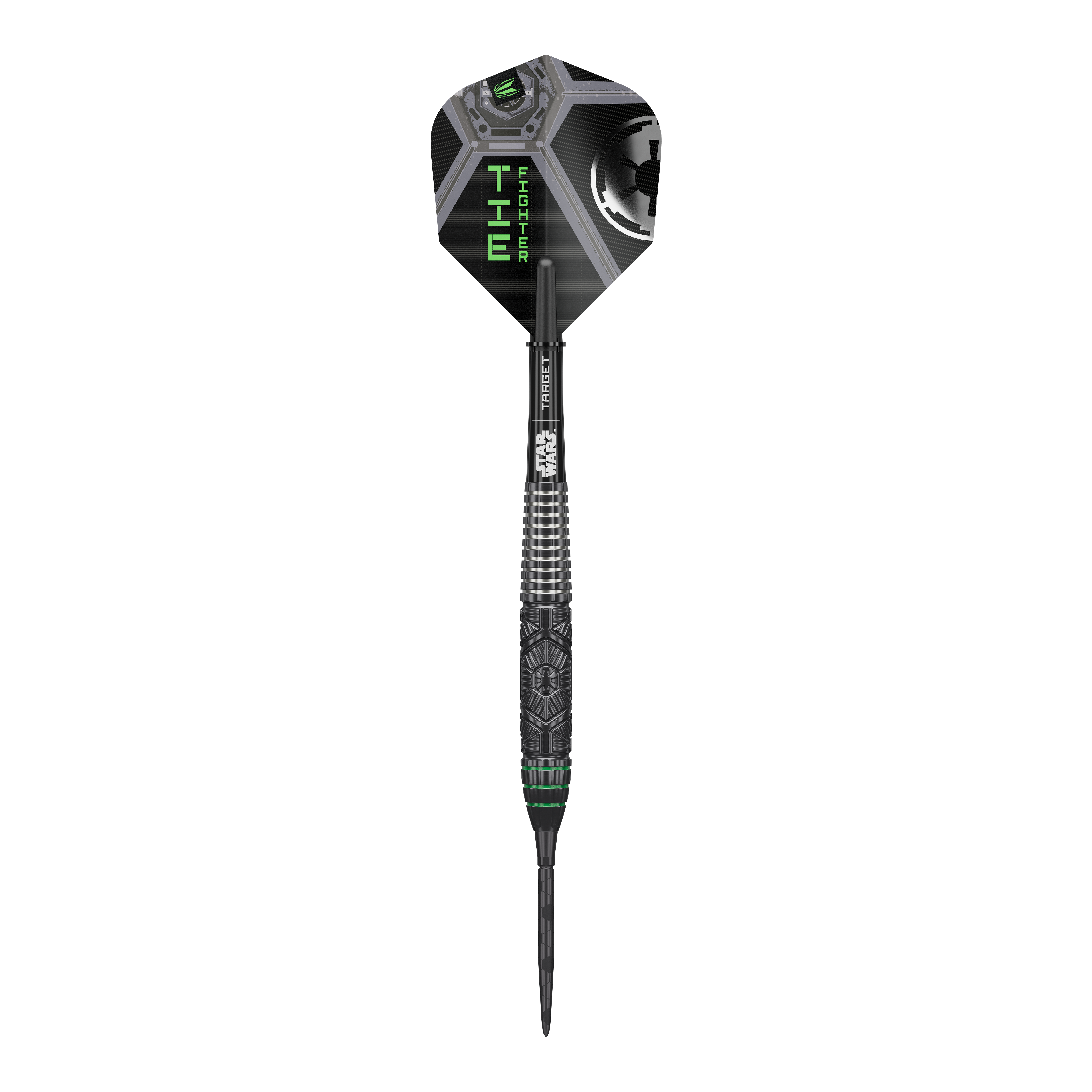 Freccette in acciaio con punta svizzera Target Star Wars Tie Fighter Das Bild präsentiert Target Star Wars Tie Fighter Swiss Point Steeldarts. Diese Darts sind im Design eines Tie Fighters gestaltet.