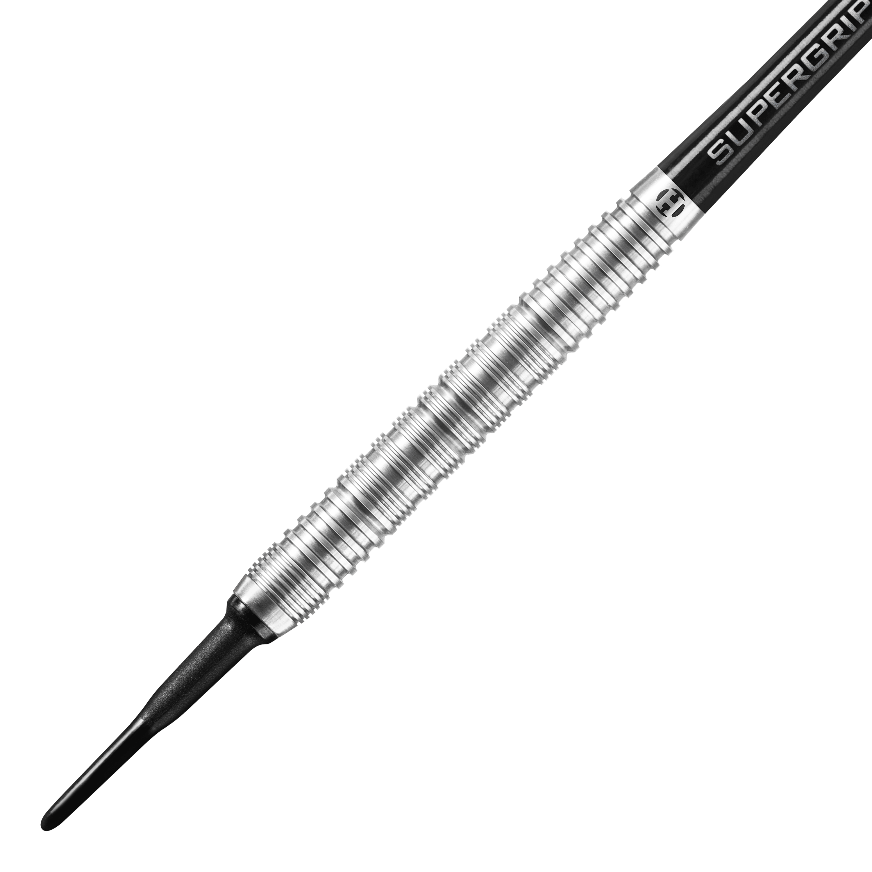 Harrows controlla i Softdarts paralleli Das Bild zeigt einen Harrows Control Parallel Softdart mit einem silbernen, gerillten Barrel. Der Dart hat eine schwarze Kunststoffspitze und einen Schaft mit der Aufschrift "Supergrip".