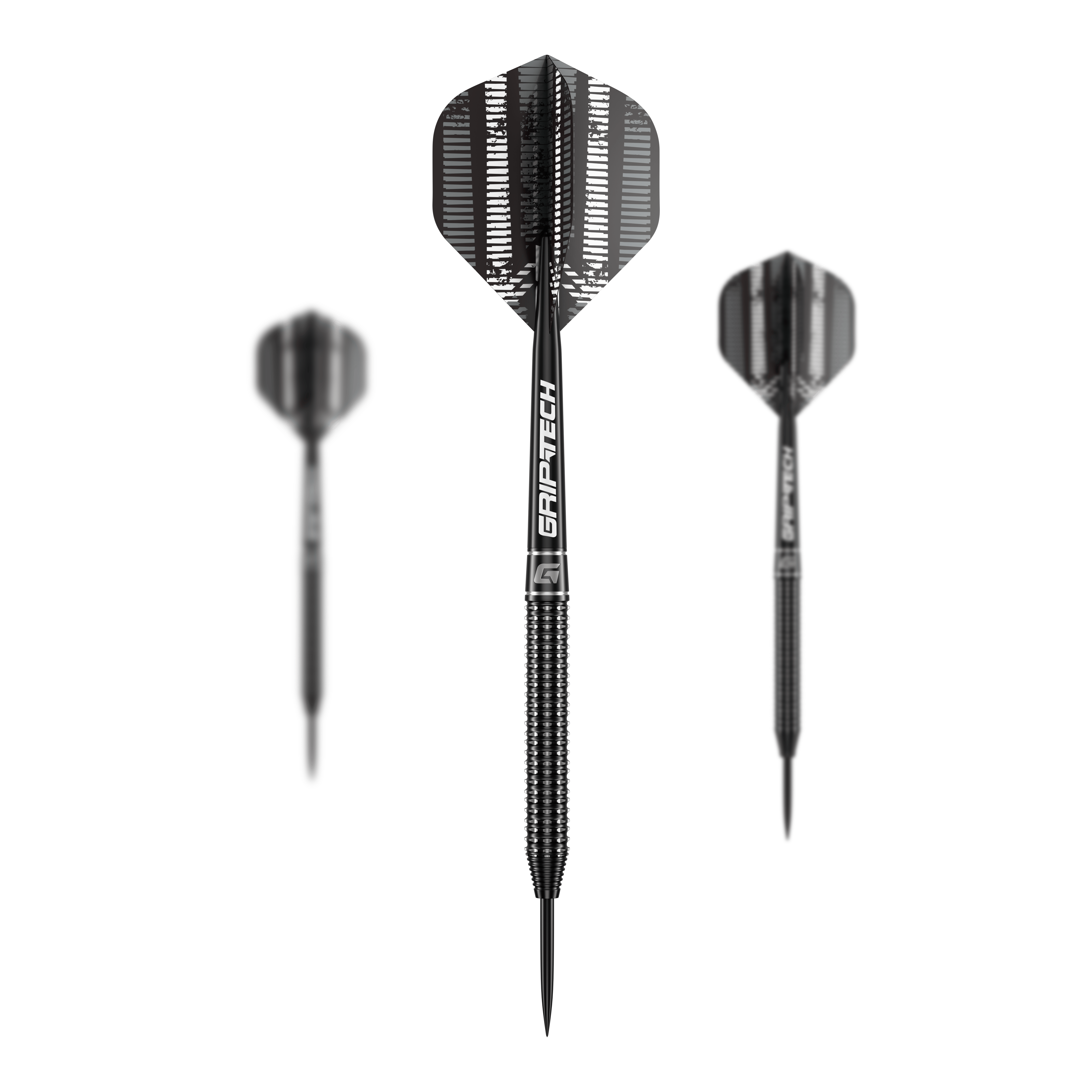 Freccette in acciaio al tungsteno GOAT Sprocket Das Bild zeigt drei schwarze Steeldarts mit der Aufschrift "GRIPTECH" auf den Schäften. Es handelt sich um das Produkt "GOAT Sprocket Tungsten Steeldarts".