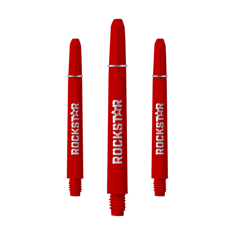 528_Rockstar_Shafts_1 Auf dem Bild sind drei rote Rockstar Shafts mit 49 mm Länge zu sehen. Die Shafts haben einen weißen "ROCKSTAR"-Schriftzug und sind unten mit einem Gewinde versehen.