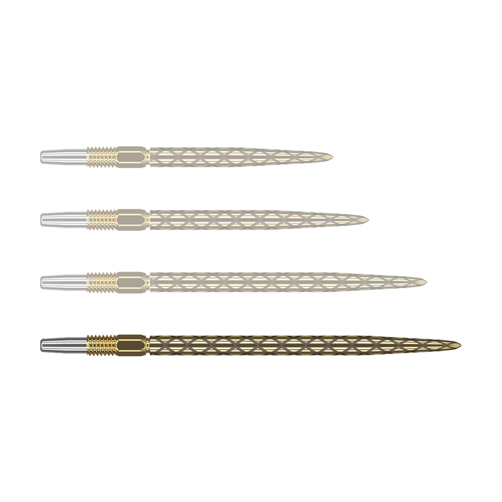 Punte per freccette Target Swiss Diamond Pro Gold Das Bild zeigt vier goldfarbene Dartspitzen mit einem rautenförmigen Muster. Die Spitzen liegen parallel nebeneinander auf einem grünen Hintergrund.