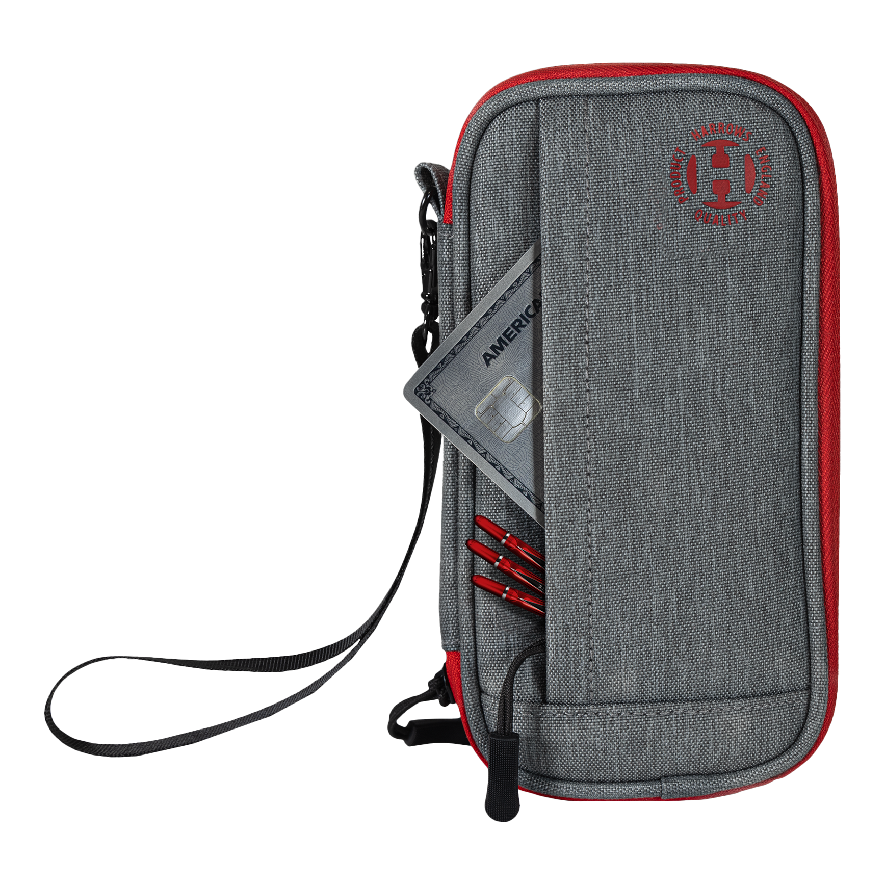 Portafoglio Smart Case Harrows Das Bild zeigt ein graues und rotes Dart-Etui mit einem Reißverschluss und einer Handschlaufe. In der Vordertasche stecken eine Kreditkarte und einige Dartspitzen.