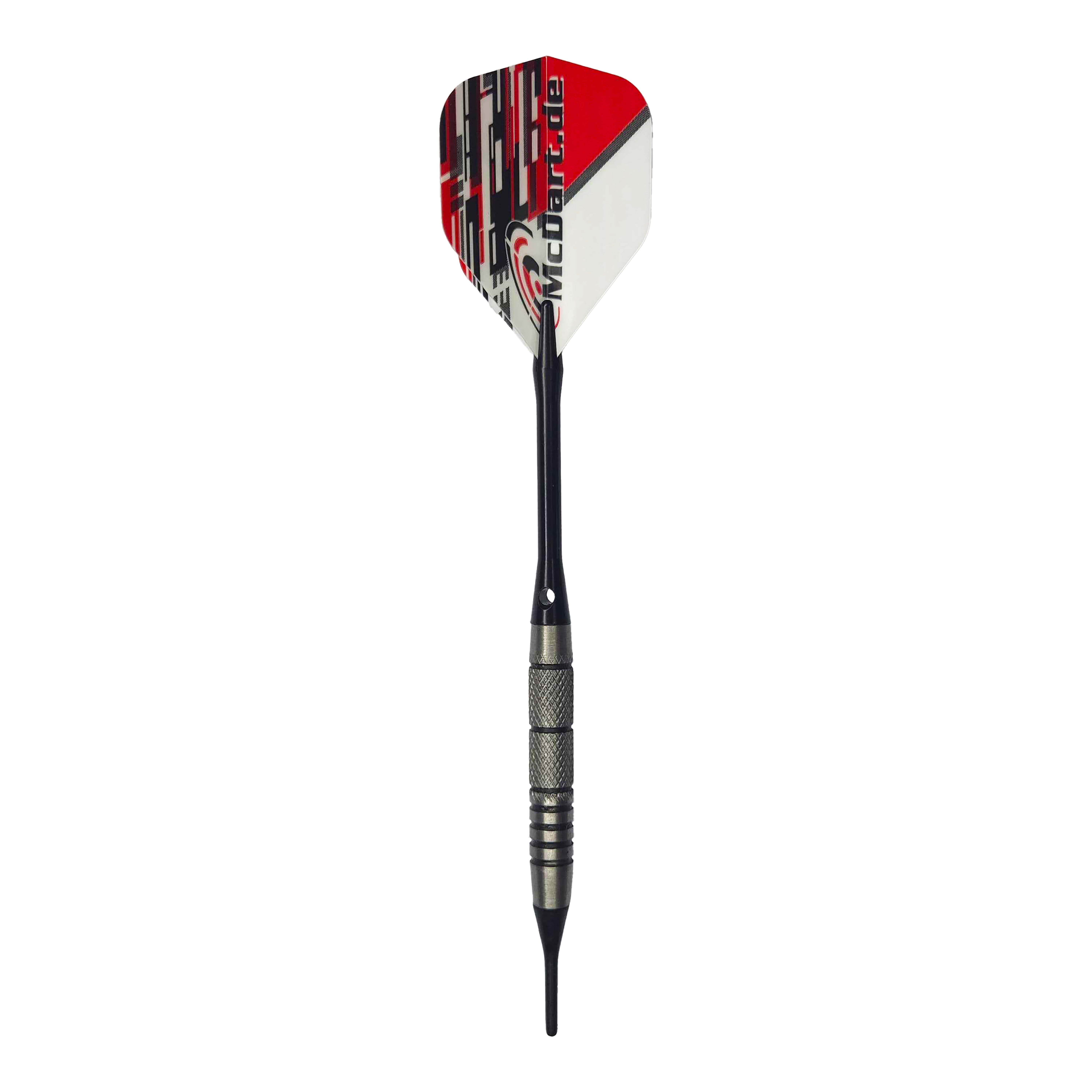 Freccette morbide McDart 85 Tungsten V9 - 17,5 g Das Bild zeigt einen McDart 85er Tungsten V9 Softdart mit einem Gewicht von 17,5g. Der Dart hat eine schwarz-silberne Spitze und Schaft sowie ein Flight in Rot, Weiß und Schwarz mit der Aufschrift "McDart.de".
