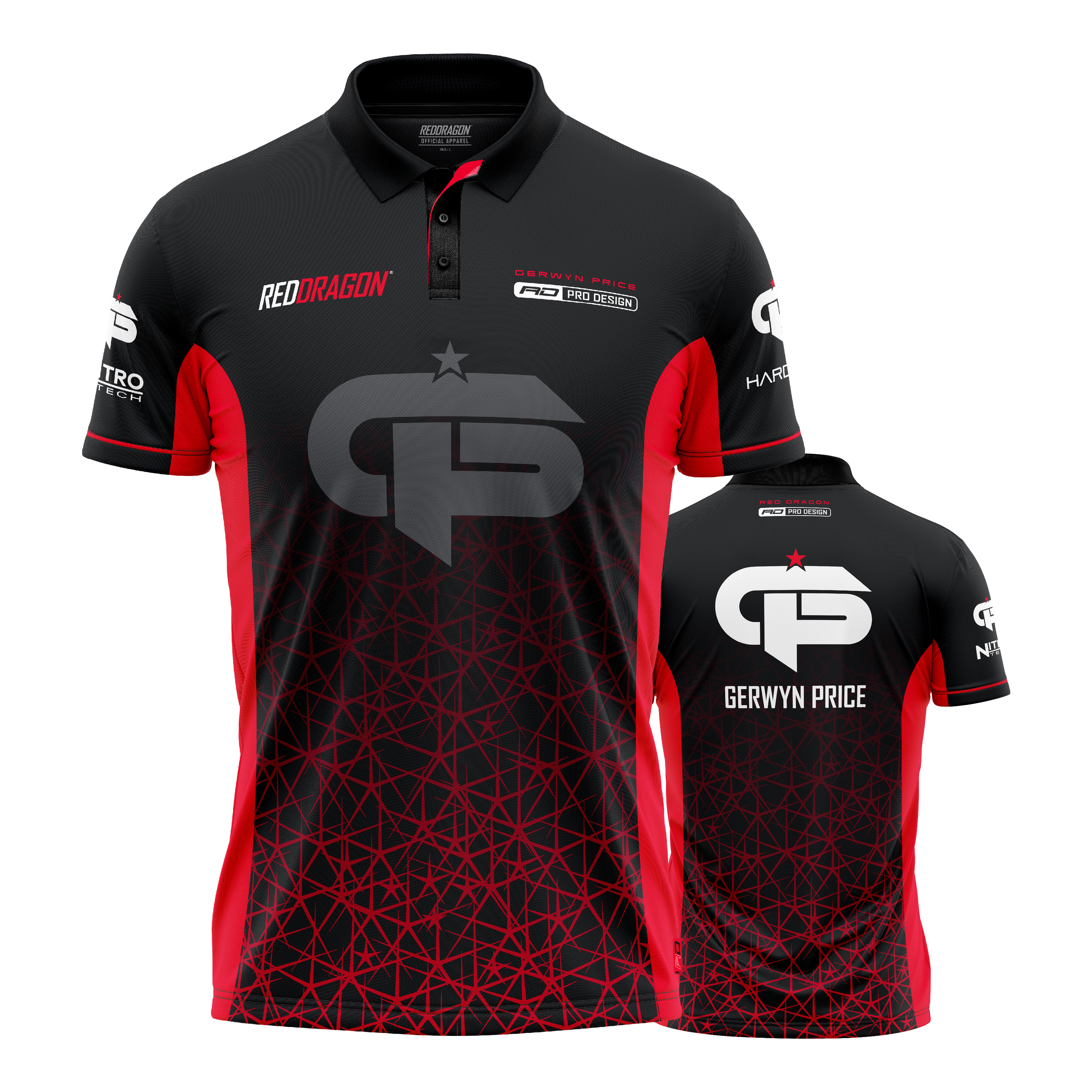 Maglia da freccette polo rossa Tour Gerwyn Price Red Dragon Das Bild zeigt das "Red Dragon Gerwyn Price Red Tour Polo Dartshirt" in Schwarz mit roten Akzenten. Auf der Vorder- und Rückseite sind große weiße Logos und der Name "Gerwyn Price" zu sehen.