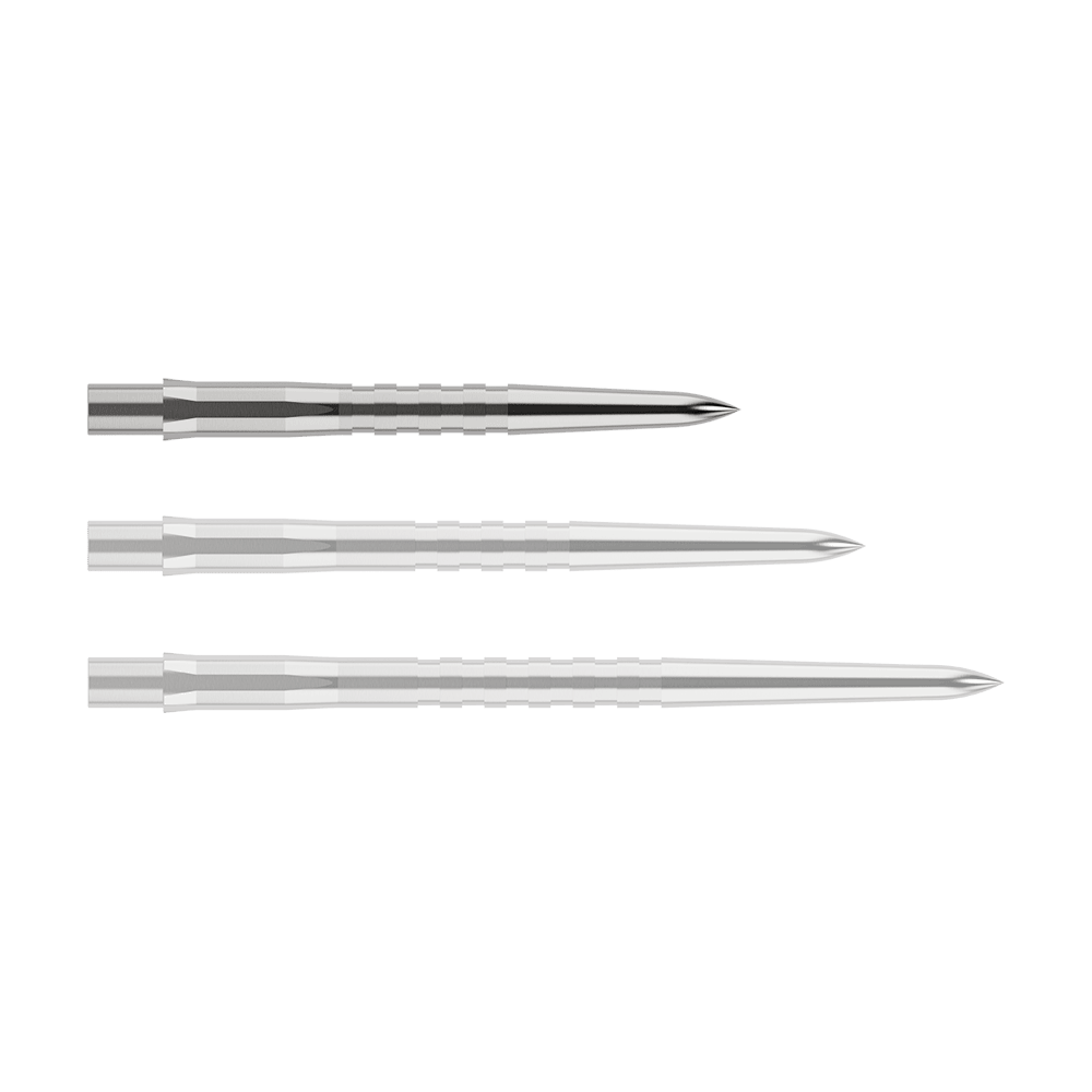 Punte per freccette Mission Caliburn EVO - Scanalate - Argento Das Bild zeigt drei silberne, gerillte Spitzen für Steeldarts in unterschiedlichen Längen. Sie sind nebeneinander auf einem weißen Hintergrund angeordnet.