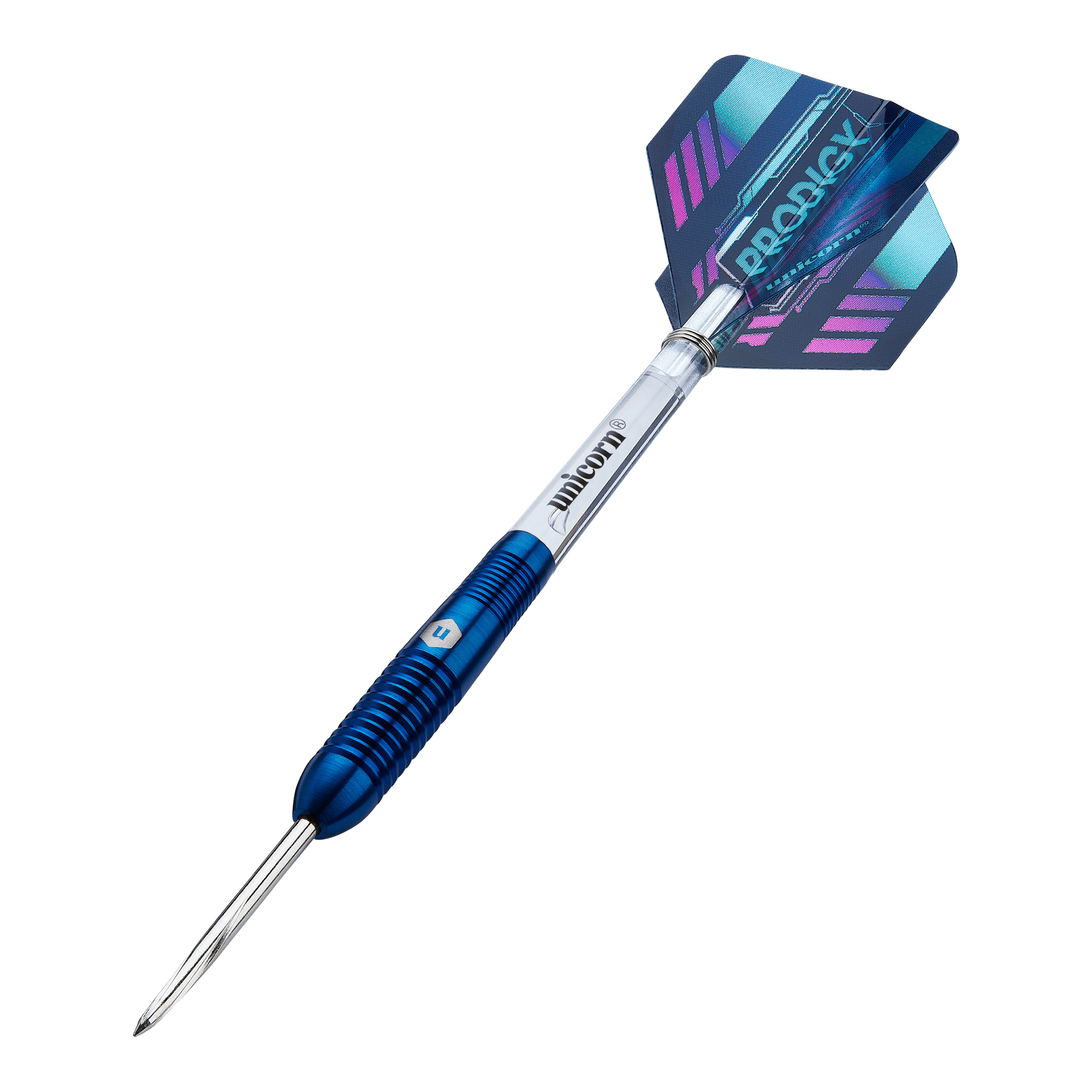 Unicorn Prodigy 02 Torpedo freccette in acciaio Das Bild zeigt einen Unicorn Prodigy 02 Torpedo Steeldart. Der Dartpfeil hat ein blaues und silbernes Design mit einer farbigen Flights-Feder am Ende.