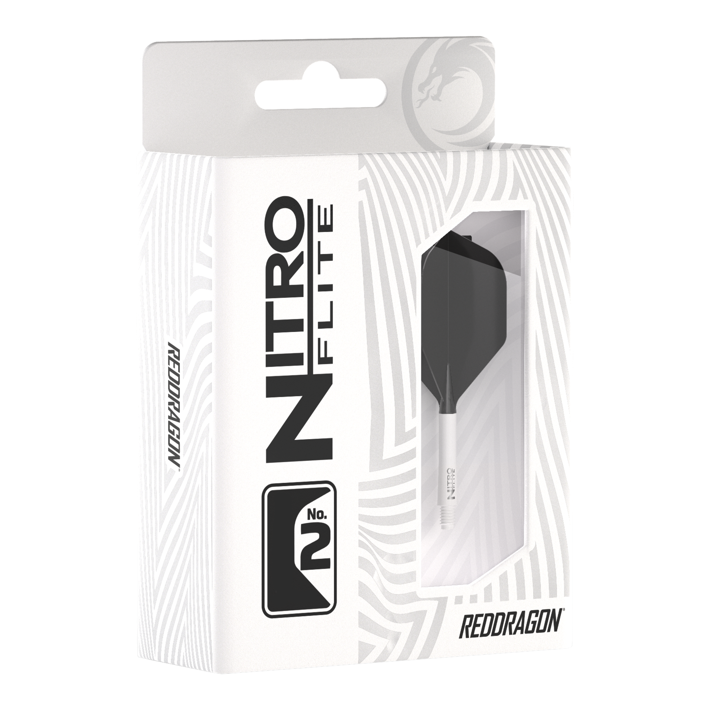 Red Dragon Nitroflite - Asta bianca nera n. 2 Die Abbildung zeigt die Produktverpackung des "Red Dragon Nitroflite" mit weißen Schäften und schwarzen No2 Flights. Die Packung ist überwiegend weiß gestaltet und hat ein Sichtfenster, durch das das Dart-Zubehör zu sehen ist.