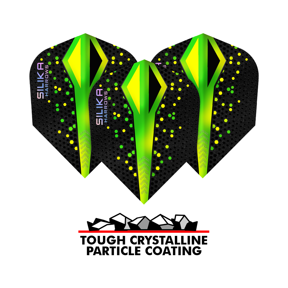 Rivestimento cristallino resistente Harrows Silika Colourshift Verde No6 Voli Das Bild zeigt drei Harrows Silika Colourshift Tough Crystalline Coating Green No6 Flights mit schwarzem Hintergrund und grünen, gelben Akzenten. Darunter steht ein Logo mit der Aufschrift "Tough Crystalline Particle Coating".