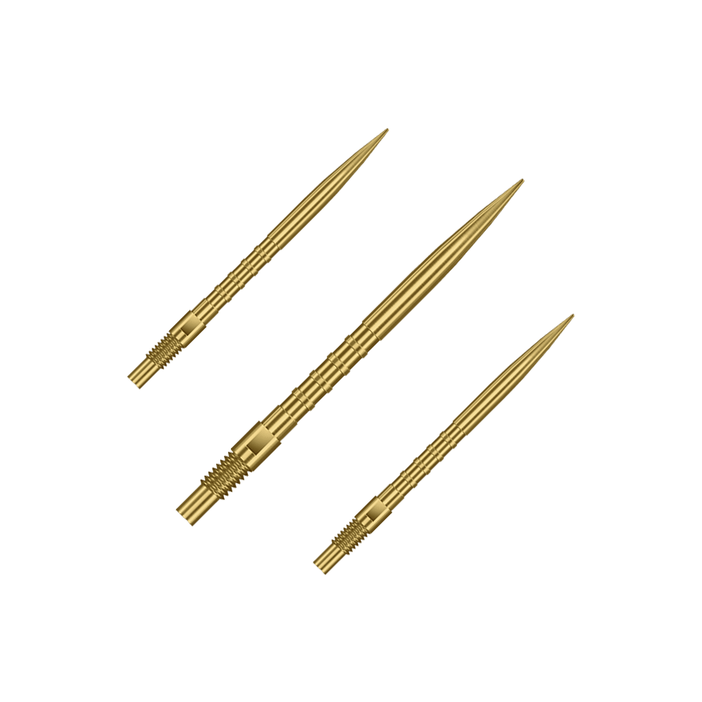 Punte per freccette Harrows Quick Point Heavy Metal - Oro Das Bild zeigt ein Set aus goldenen Dartspitzen mit 30mm Länge. Es sind Harrows Quick Point Heavy Metal Grip Dartspitzen Gold 30mm im Set.