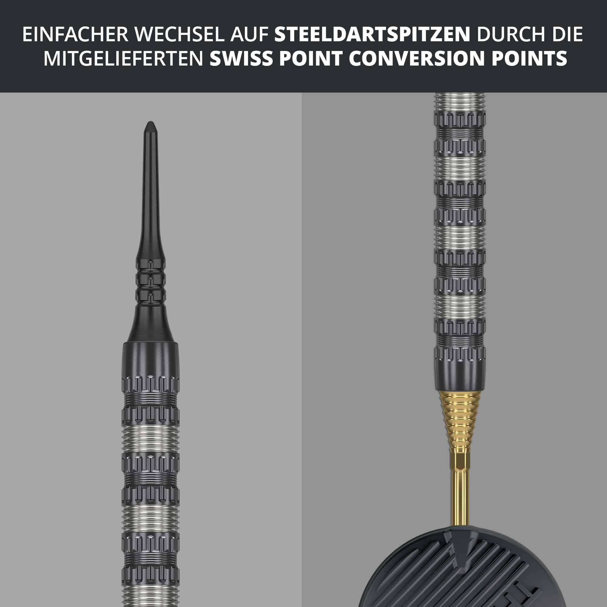 Freccette morbide Target Rob Cross 95K Swiss Point - 18 g Das Bild zeigt den Target Rob Cross 95K Swiss Point Softdart mit 18g Gewicht. Es wird darauf hingewiesen, dass ein einfacher Wechsel auf Steeldartspitzen durch die mitgelieferten Swiss Point Conversion Points möglich ist.