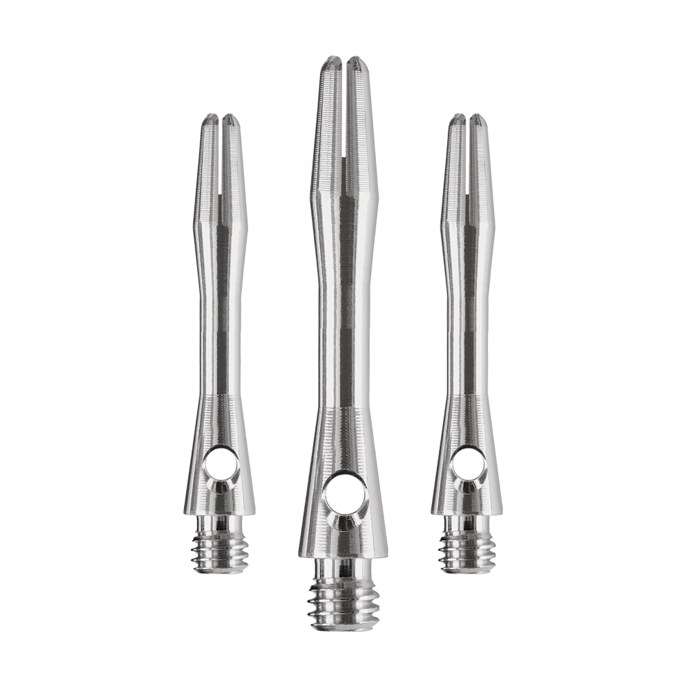 Das Bild zeigt drei silberfarbene Dartschäfte aus Metall. Es handelt sich um das Produkt "Harrows Keramic Shafts - Gun Metal".