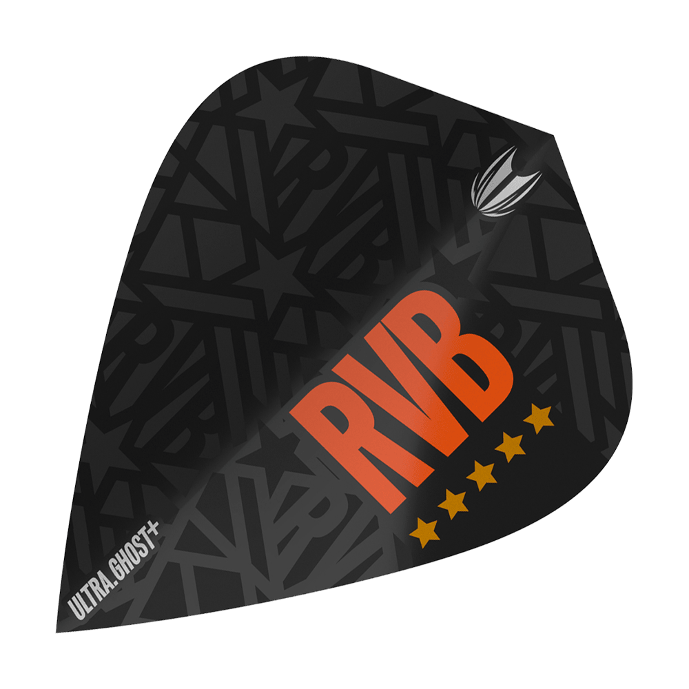 Target UltraGhost Raymond Van Barneveld GEN2 Voli per aquiloni Dies ist ein Target UltraGhost Raymond Van Barneveld GEN2 Kite Flight. Das Flight ist schwarz mit großen orangen Buchstaben "RVB" und fünf gelben Sternen gestaltet.