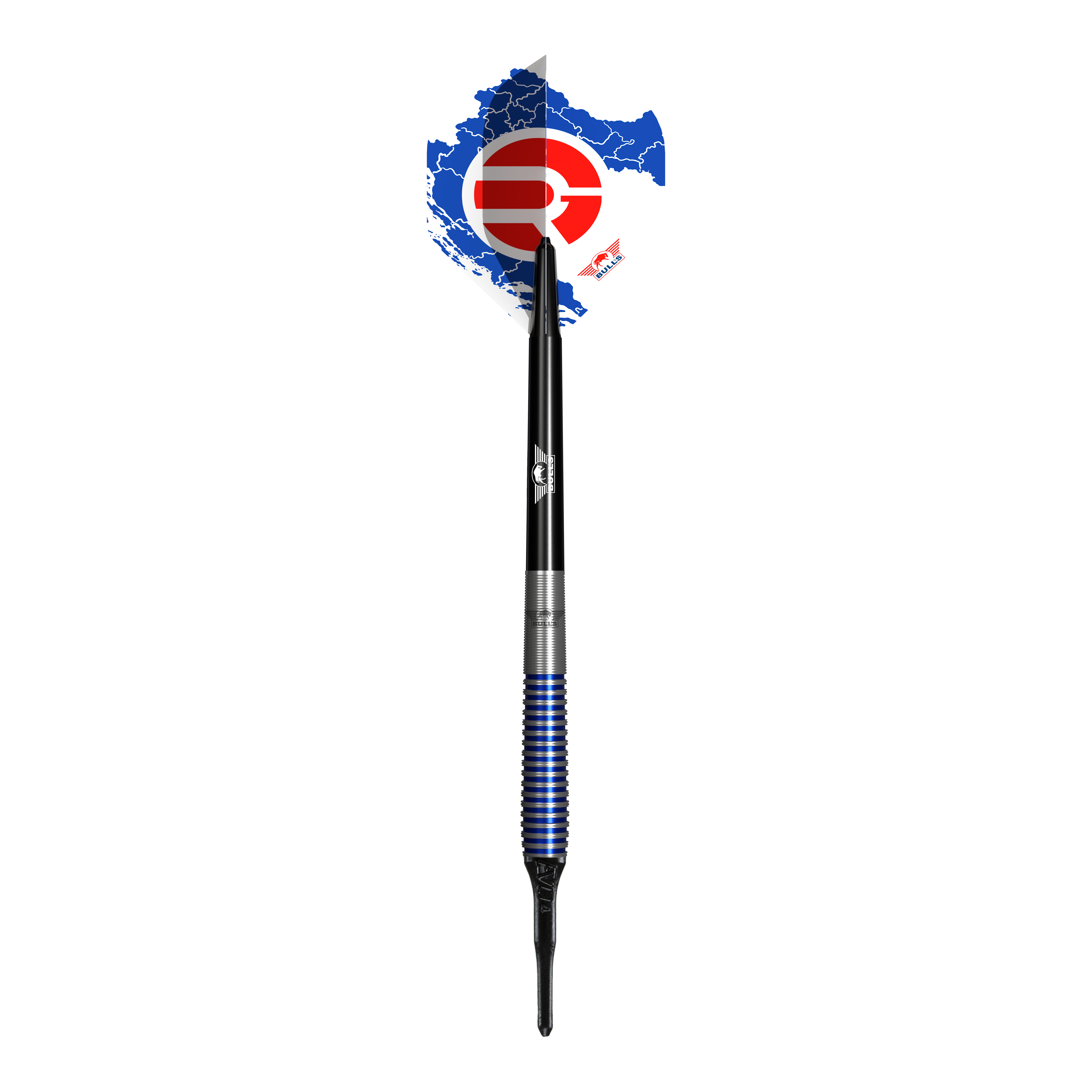 Bulls NL Romeo Grbavac freccette morbide - 19 g Das Bild zeigt einen Softdart namens "Bulls NL Romeo Grbavac Softdarts- 19g". Der Dart hat ein markantes Design mit blauen und silbernen Ringen am Griff sowie einer schwarz-weißen Flights mit roten und blauen Akzenten.