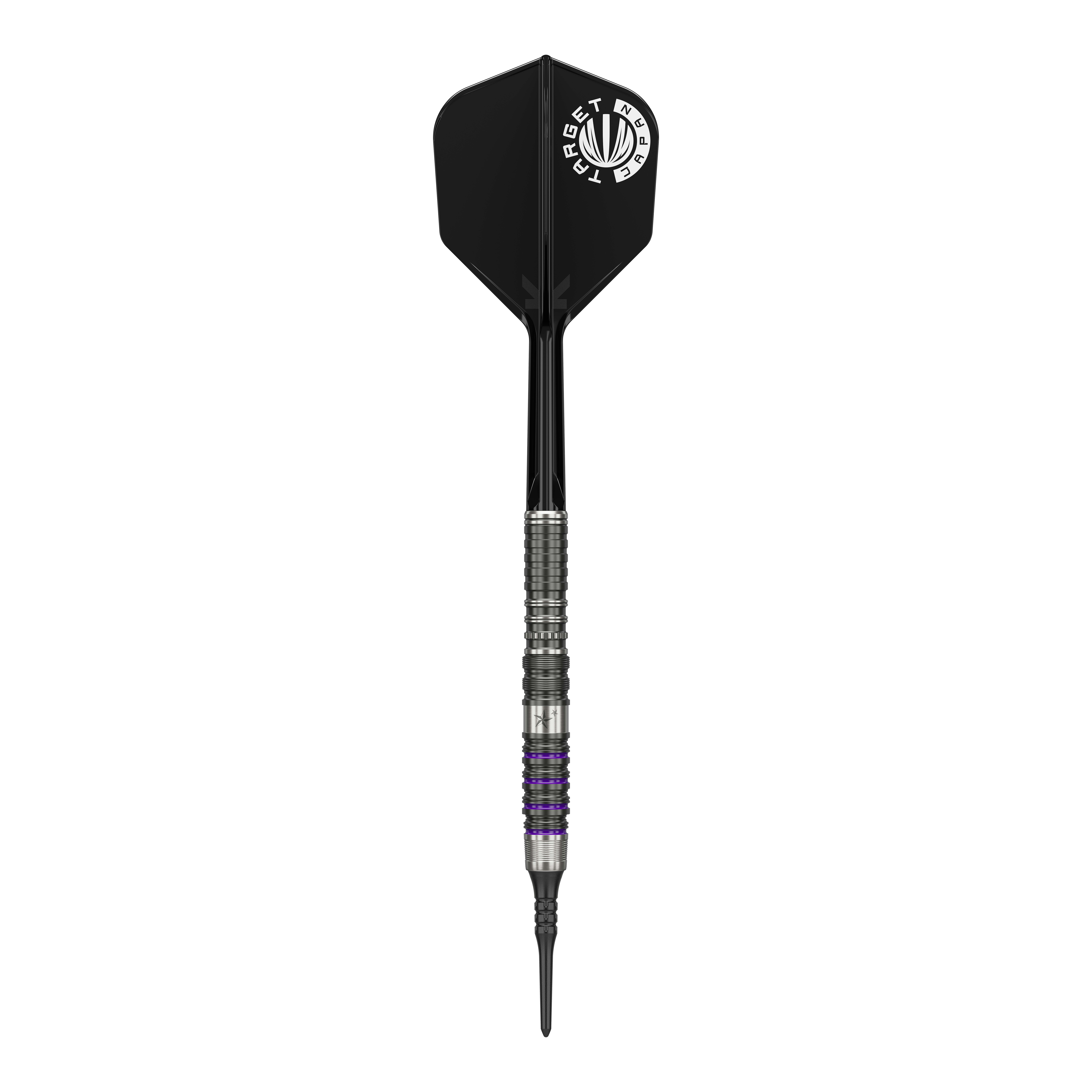 Target Japan Prime Series Yuta Hayashi Sirius GEN3 MAX Freccette morbide - 21,5 g Das Bild zeigt einen Softdart aus der Target Japan Prime Series, Modell Yuta Hayashi Sirius GEN3 MAX mit einem Gewicht von 21,5g. Der Dart hat ein silbernes Griffstück mit schwarzen und lila Akzenten sowie eine schwarze Flight mit weißem Aufdruck.