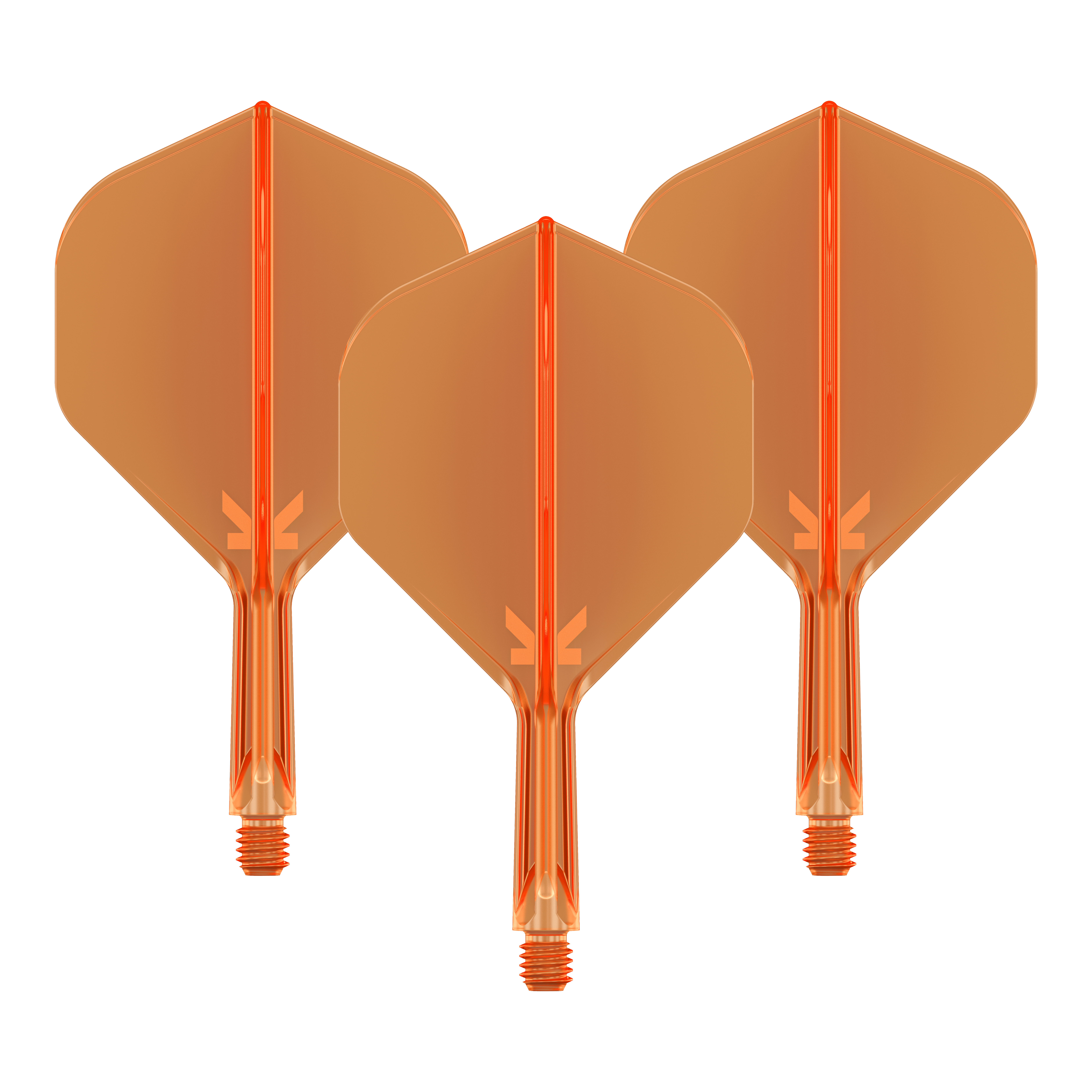 Target K-Flex No2 Standard Flight System - Arancione Neon Das Bild zeigt drei neonorange Dartflights mit Shafts. Sie sind in einer Reihe nebeneinander angeordnet und haben eine transparente Optik.