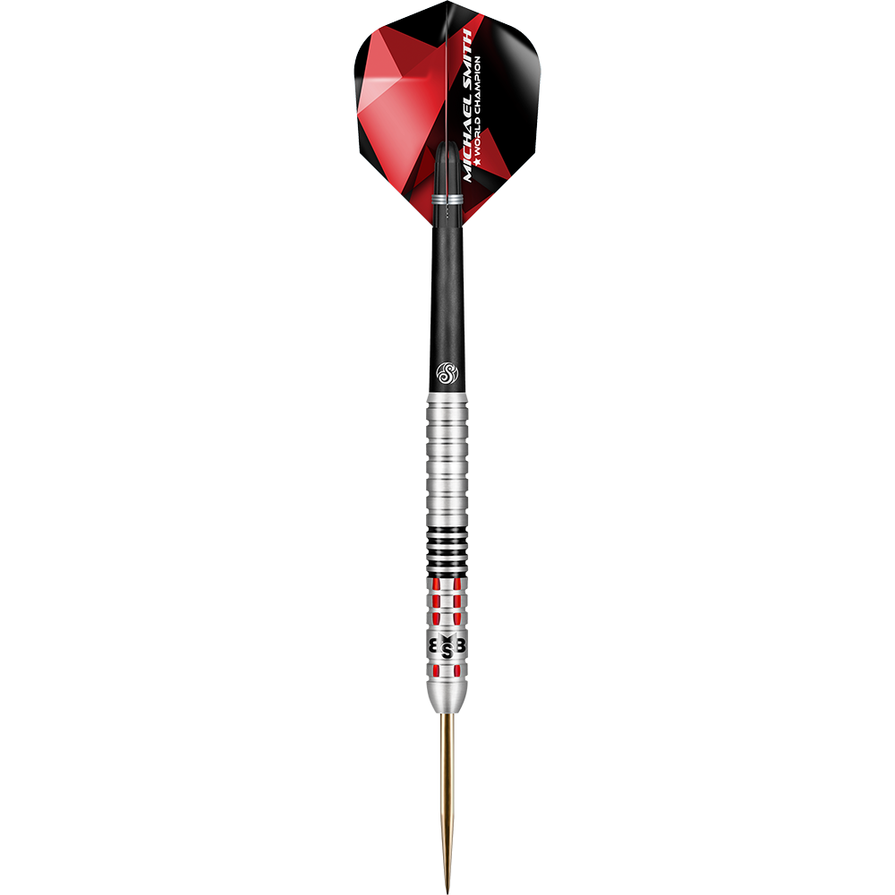 Shot Michael Smith Ottieni freccette d'acciaio Auf dem Bild ist ein Steeldartpfeil mit einem silbernen, schwarzen und roten Design zu sehen. Am Dartflight steht der Name "Michael Smith" und "World Champion".