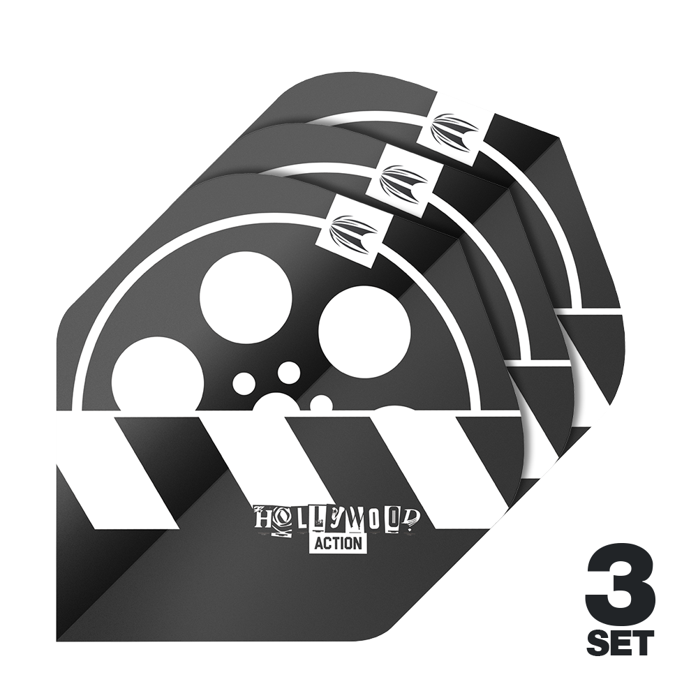 Target Pro Ultra Chris Dobey Hollywood Action No2 Standard Flights - 3 set Das Bild zeigt drei Sätze Target Pro Ultra Chris Dobey Hollywood Action No2 Standard Flights für Dartpfeile. Das Design ist schwarz-weiß mit einem Filmrollen- und Klappenmotiv sowie der Aufschrift "Hollywood Action".