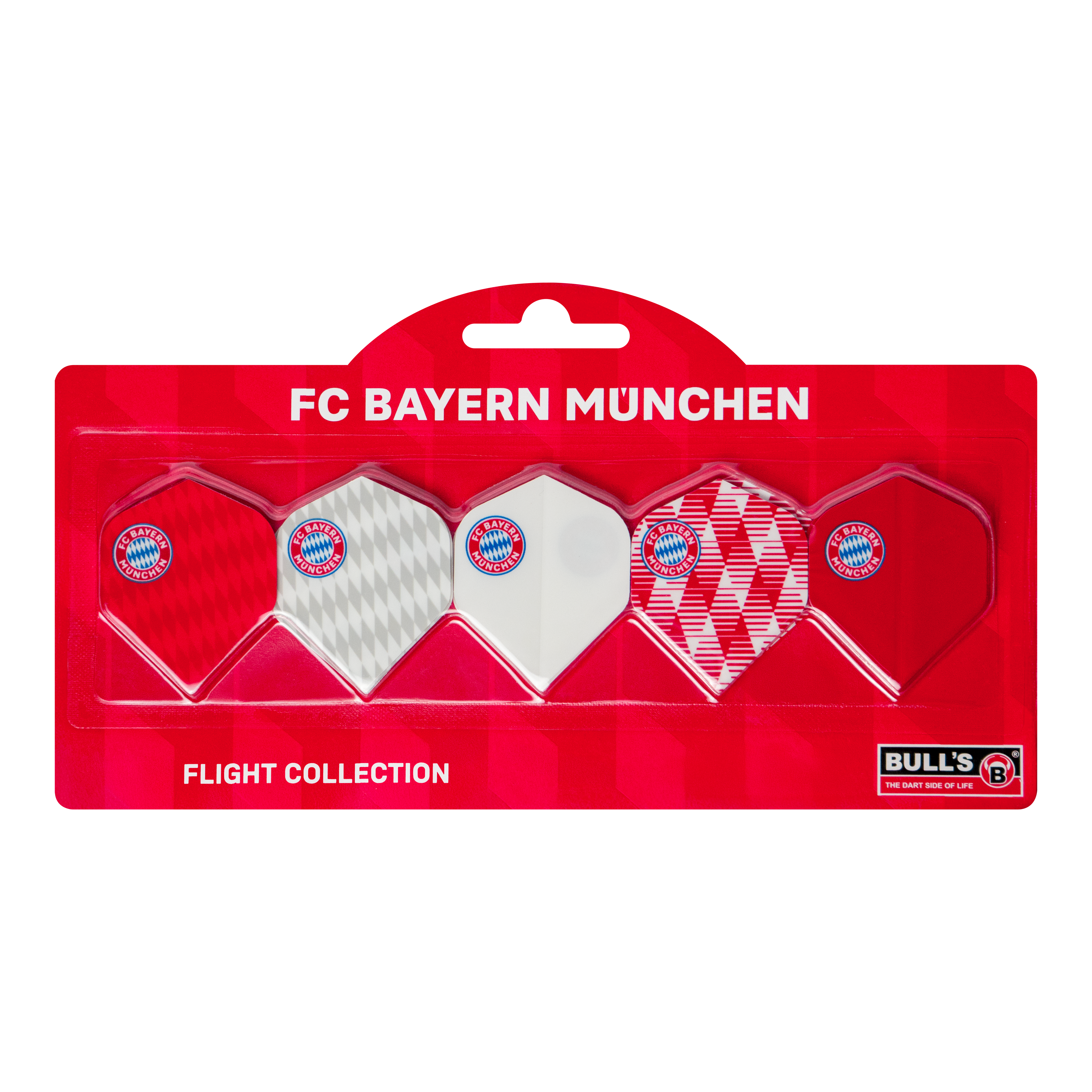 Collezione volo Bulls FC Bayern Monaco - 5 set Abgebildet ist die Bulls FC Bayern München Flight Collection - 5 Satz. Die Flights sind speziell für Darts im FC Bayern München-Design.