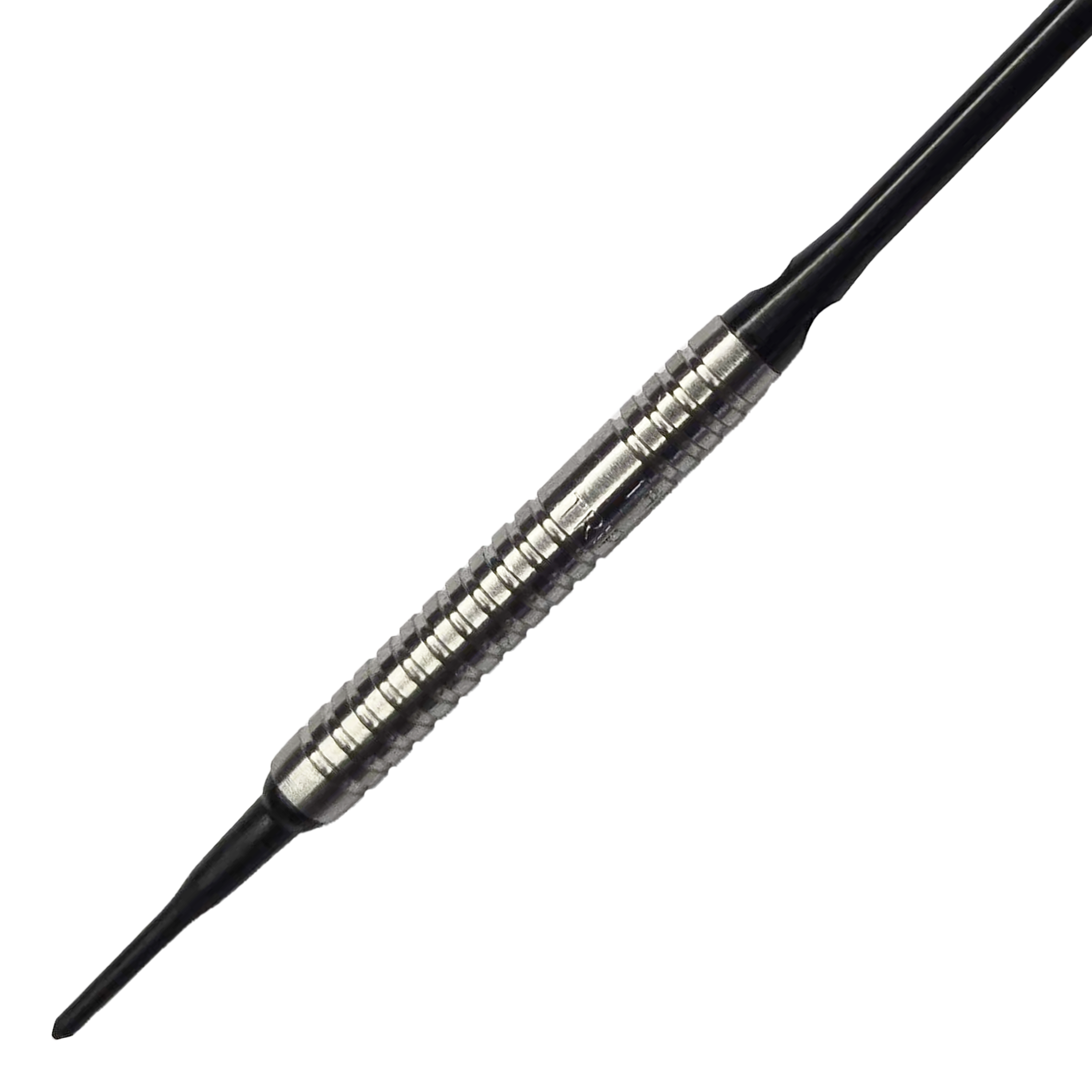 Freccette morbide McDart 85 Tungsten V5 - 16 g Das Bild zeigt einen McDart 85er Tungsten V5 Softdart mit einem Gewicht von 16g. Der Dartpfeil hat einen silbernen, geriffelten Barrel und schwarze Spitzen.
