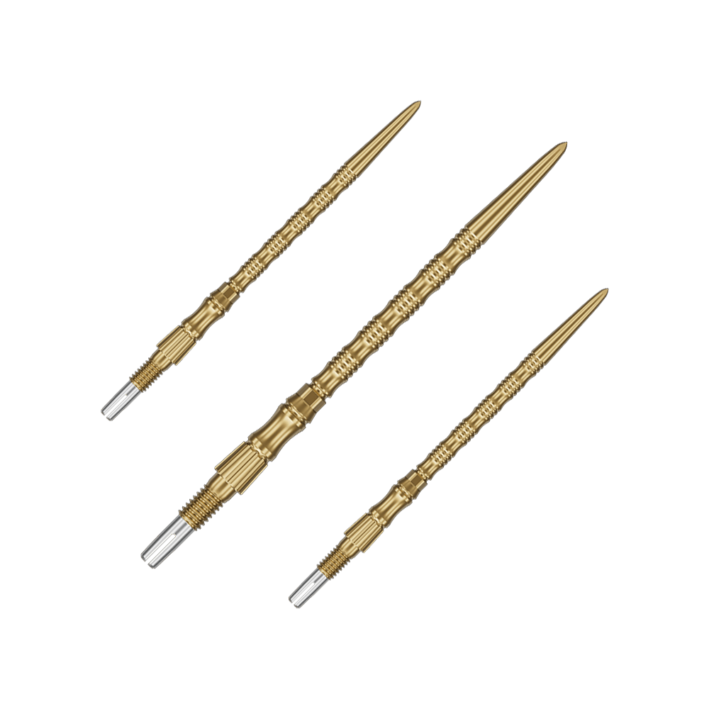 Punte per freccette Target Signature Swiss Point TRB in acciaio - oro Das Bild zeigt ein Set goldener Dartspitzen mit 42mm Länge. Die Spitzen sind Target SwissPoint Signature TRB Dartspitzen.
