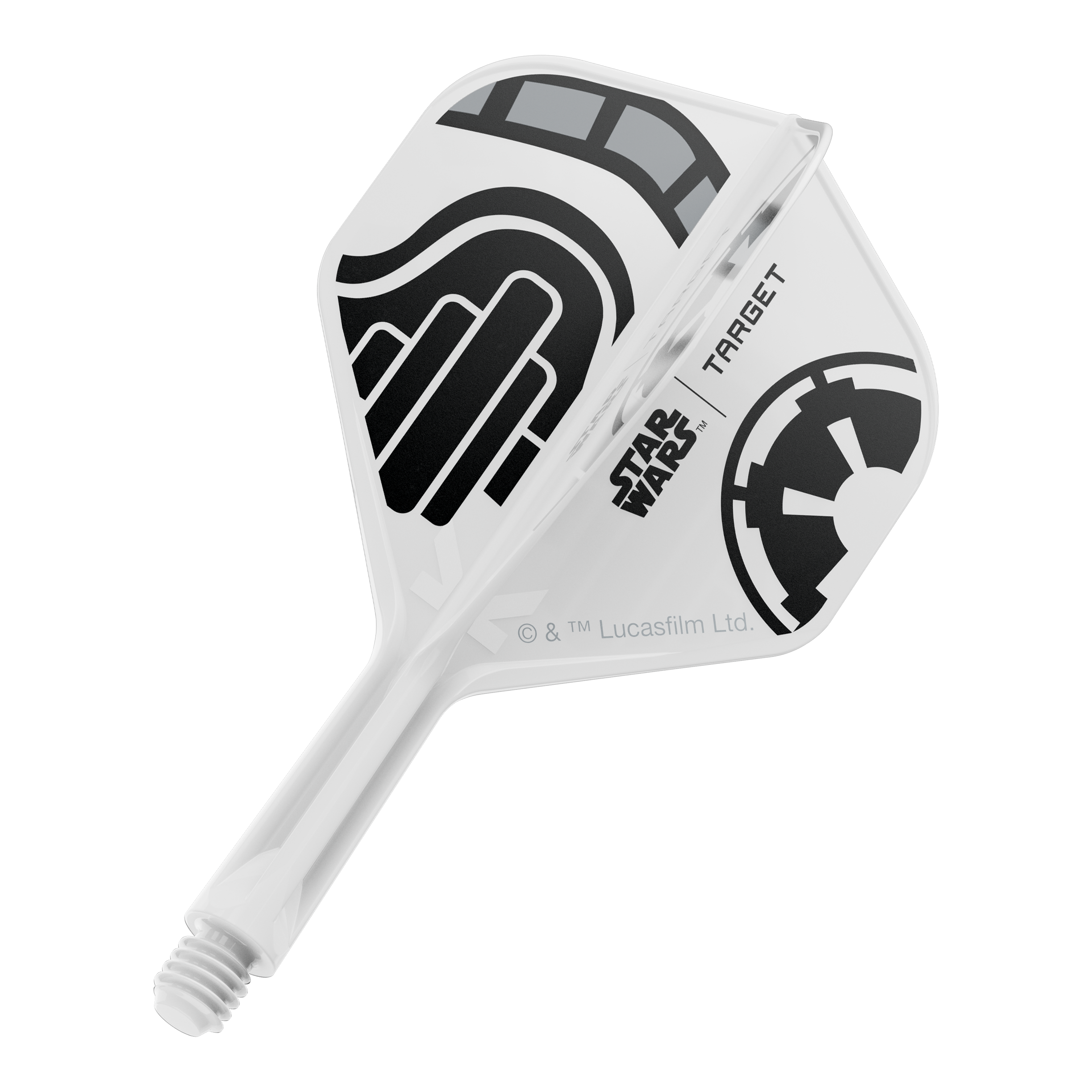 Voli standard Target Star Wars K-Flex Stormtrooper No2 Das Bild zeigt einen kurzen Dartflügel mit dem Dateinamen 'Stormtrooper No2 Standard Flights Short 19mm 1'. Das Design ist inspiriert von der Star Wars Stormtrooper Optik.