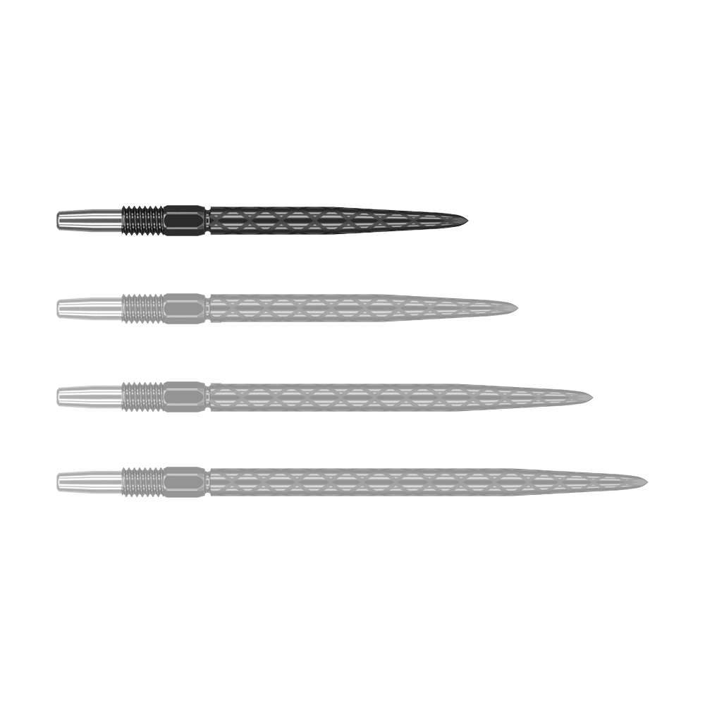 Punte per freccette Target Swiss Diamond Pro Black Points Auf dem Bild sind vier schwarze Dartspitzen mit silbernem Gewinde zu sehen. Die Spitzen haben ein rautenförmiges Muster auf der Oberfläche.