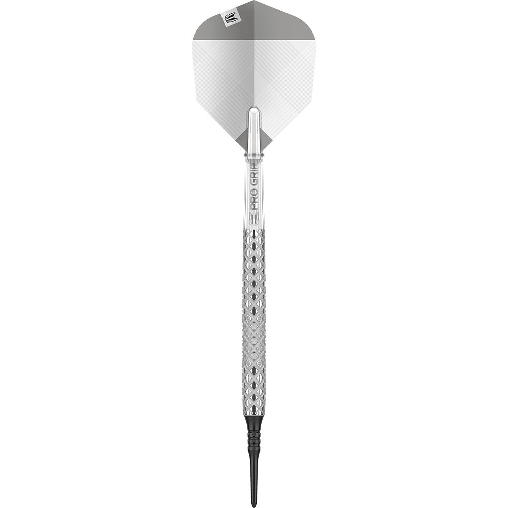 Target Nastri 11 freccette morbide Das Bild zeigt einen Target Nastri 11 Softdart. Der Dartpfeil hat ein silbernes Design mit einer strukturierten Griffzone und einer schwarzen Kunststoffspitze.