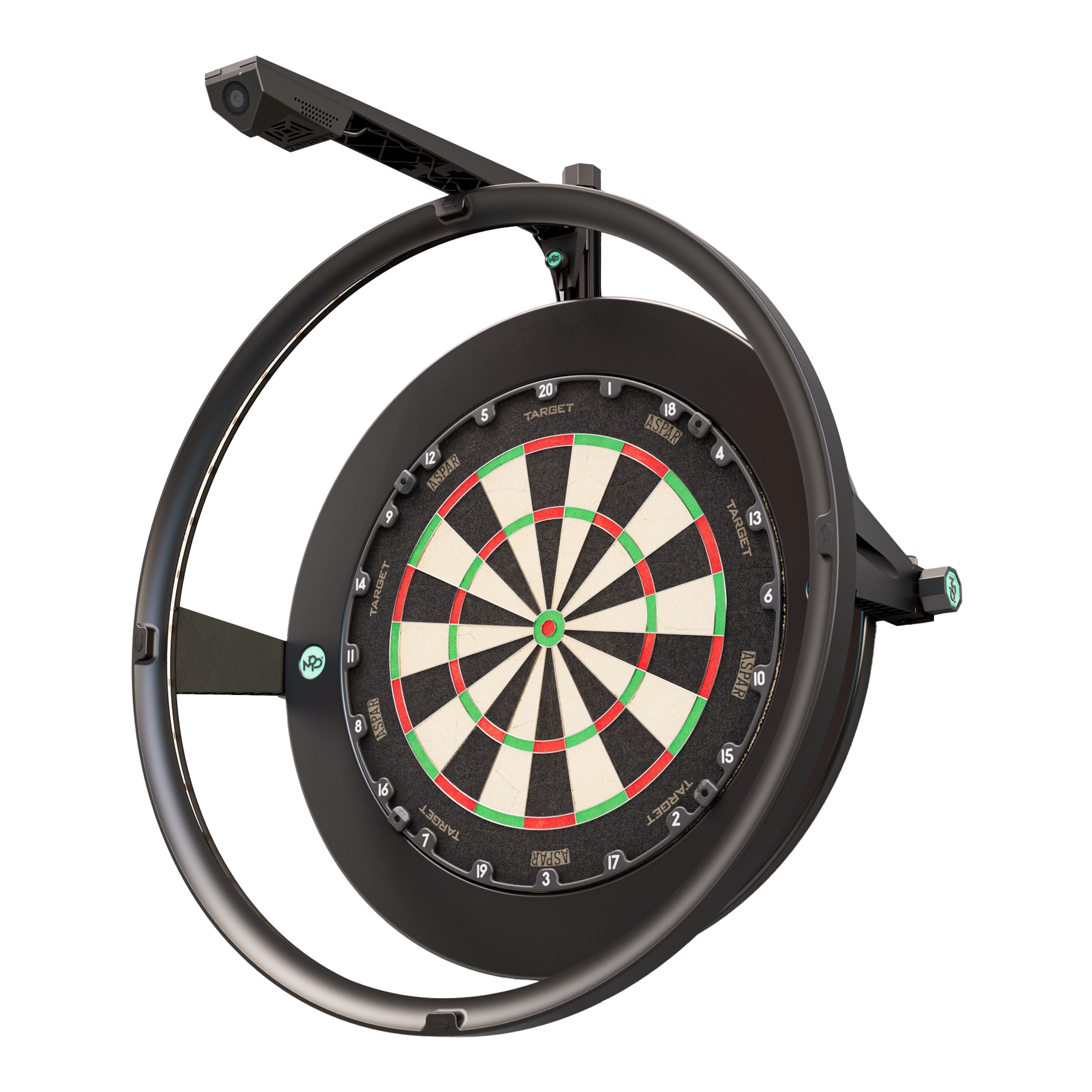 Fotocamera Target VIRT Das Bild zeigt das Produkt "Target VIRT Kamera", das eine Dartscheibe mit einer integrierten Kamera darstellt. Die Kamera ist oberhalb der runden Einfassung der Dartscheibe montiert.