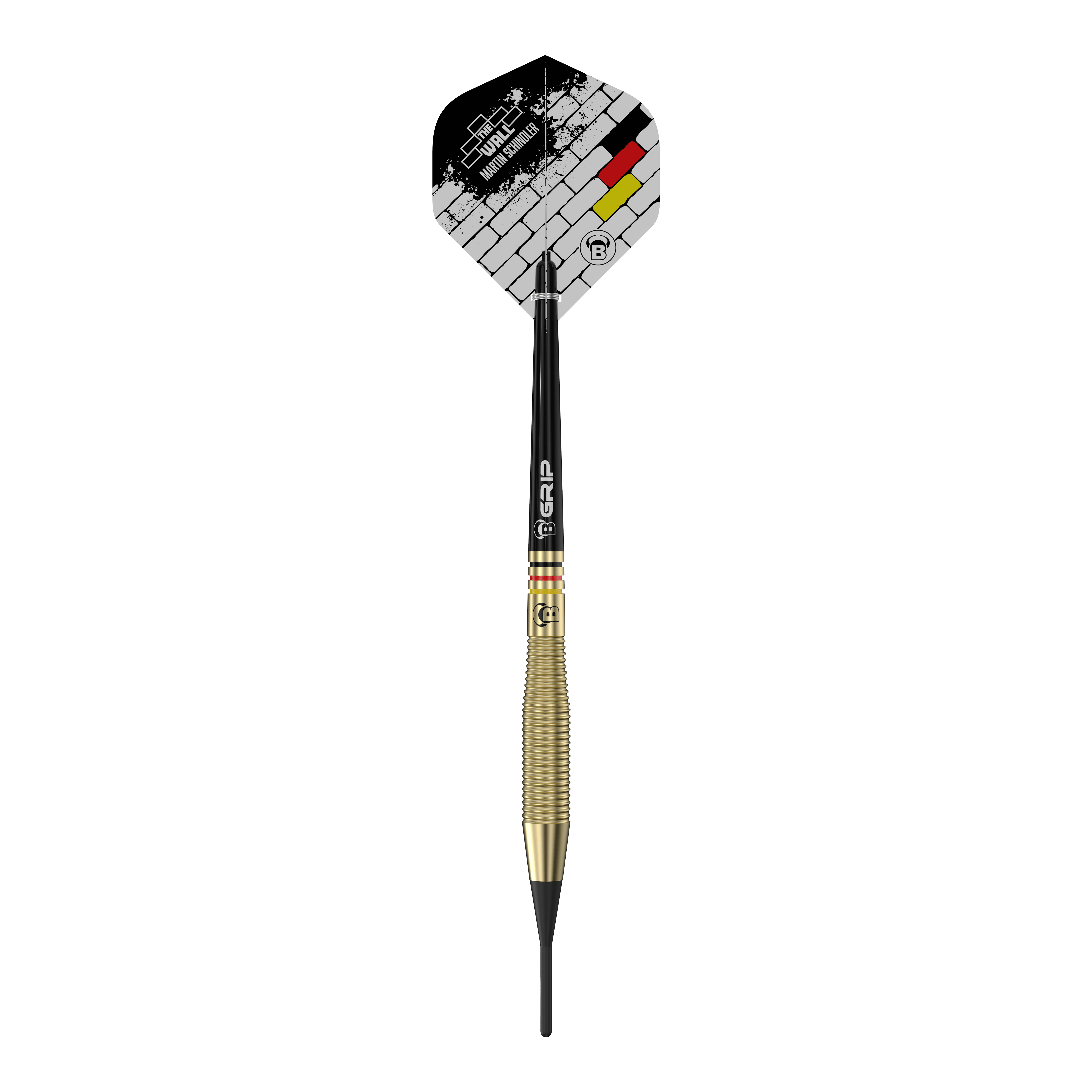 Bulls Martin Schindler The Wall Brass Softdarts - 18 g Auf dem Bild ist der Softdart "Bulls Martin Schindler The Wall Brass Softdarts - 18g" zu sehen. Der Dart hat eine goldfarbene Griffzone und ein Flight-Design mit Mauer- und Deutschlandfarben.