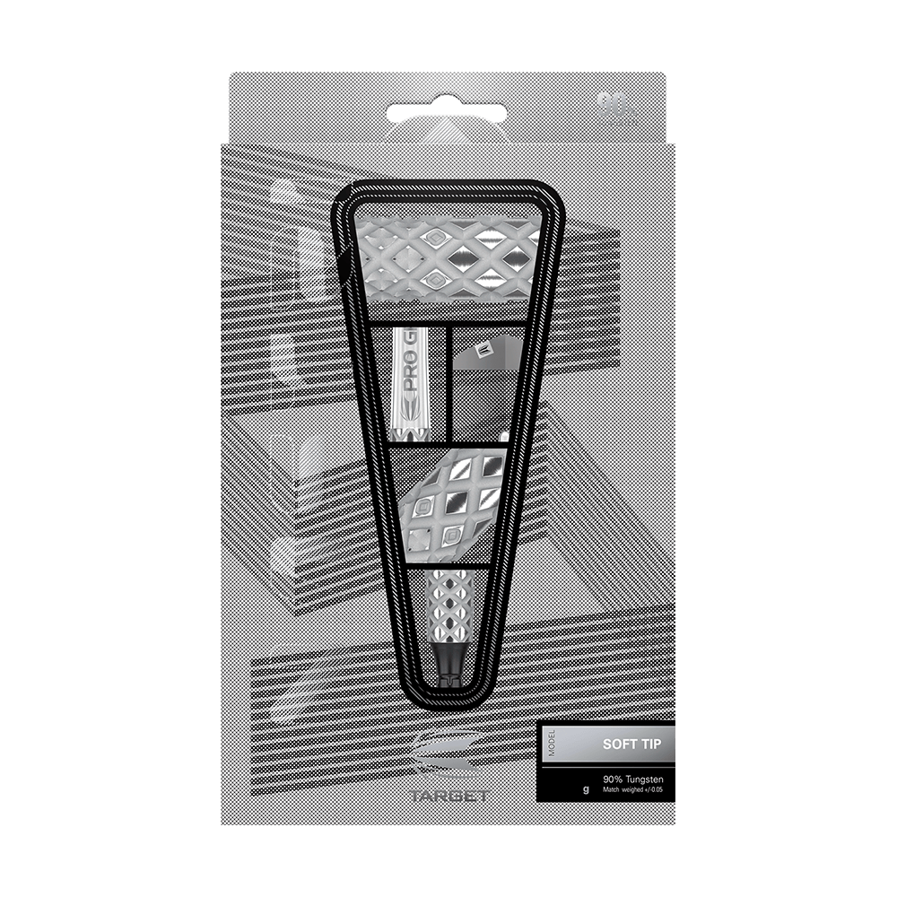 Target Nastri 11 freccette morbide Die Abbildung zeigt die "Target Nastri 11 Softdarts" in ihrer Verpackung. Die Darts haben ein auffälliges, geometrisches Design und sind für den Gebrauch mit Softspitzen geeignet.