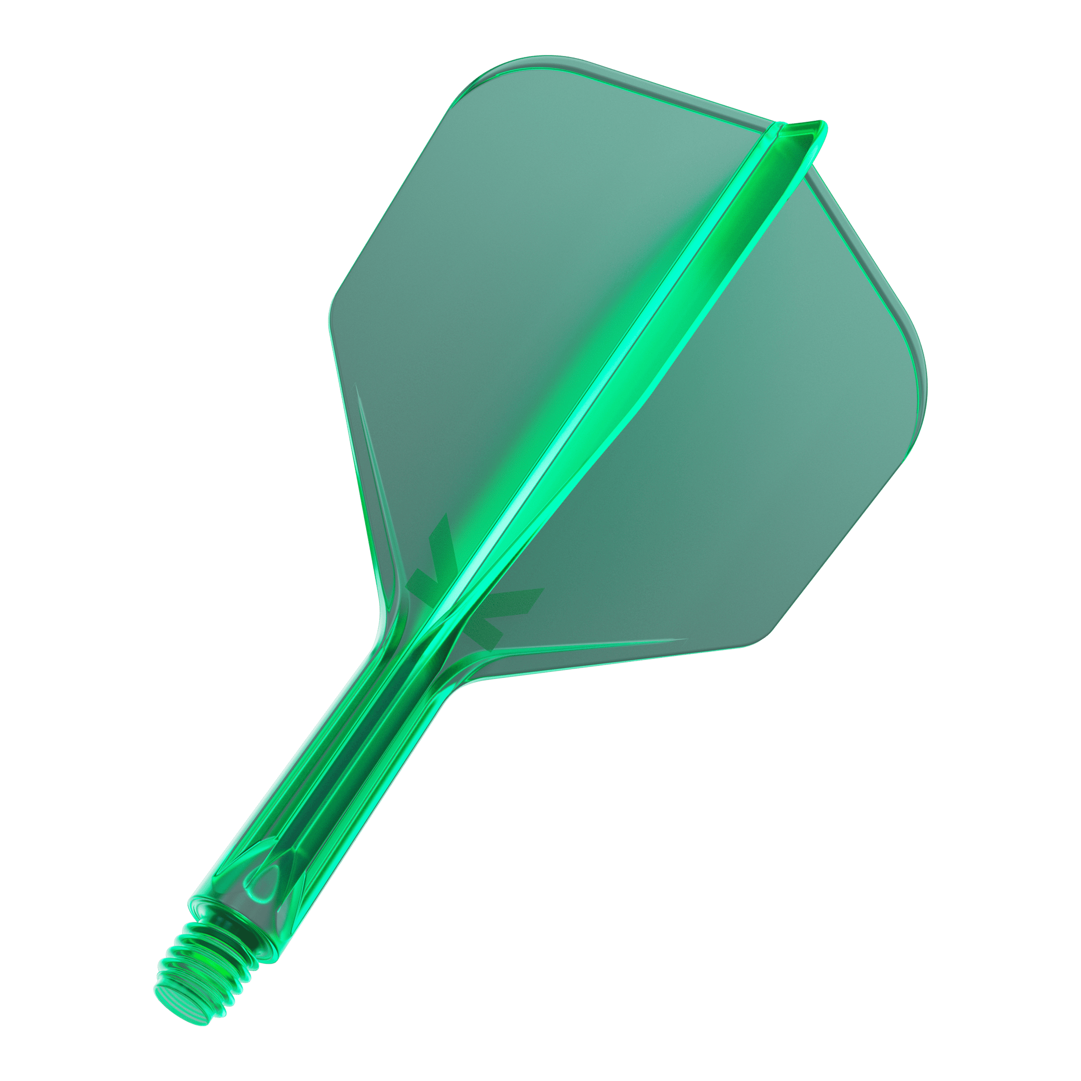 Sistema di volo Target K-Flex No6 - Verde Das Bild zeigt eine grüne Dart-Flügel- und Schaft-Kombination. Das Material wirkt transparent und hat eine glatte Oberfläche.