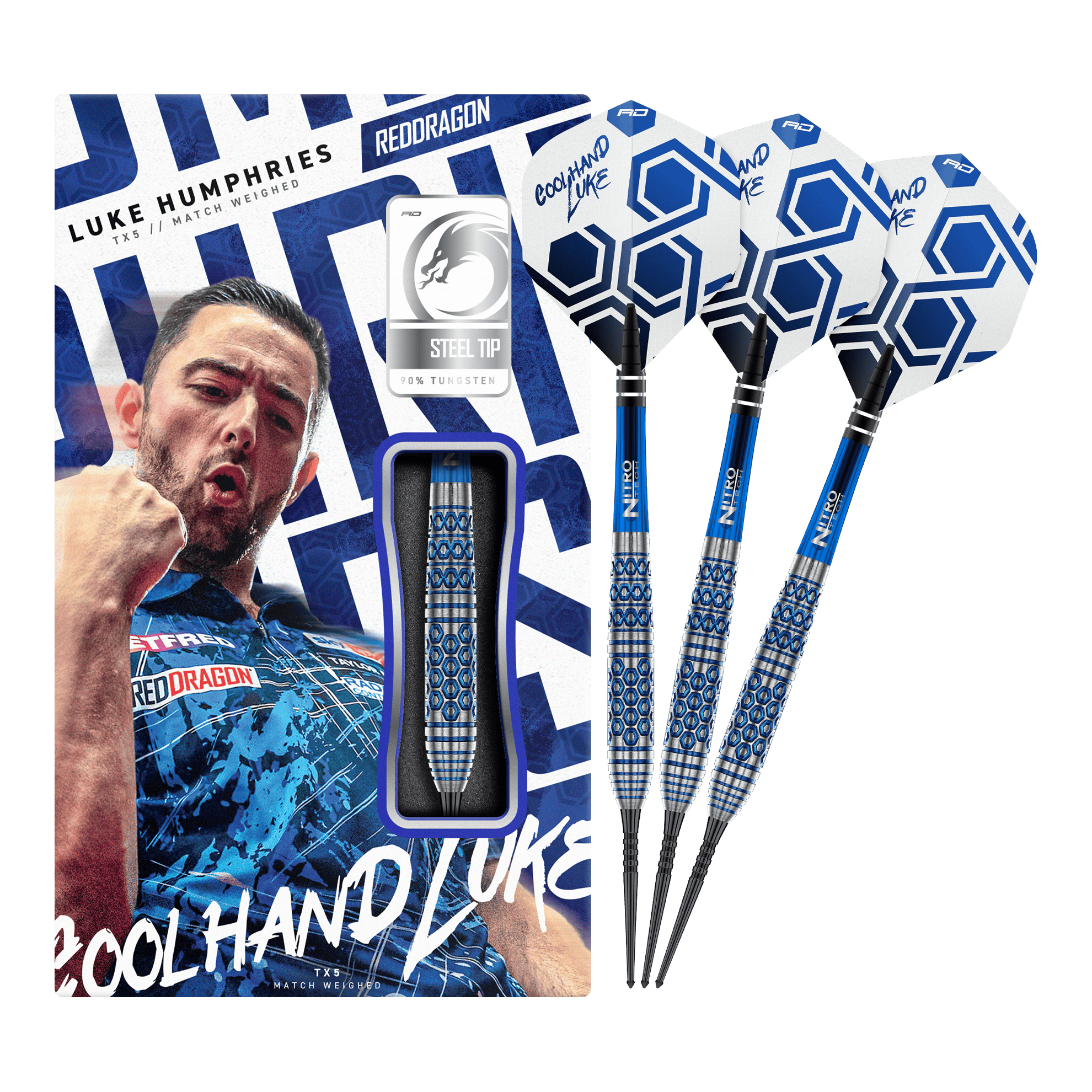 Auf dem Bild ist das vollständige Set der Red Dragon Luke Humphries TX5 Steeldarts zu sehen. Die Steeldarts werden in ihrer Gesamtheit präsentiert.