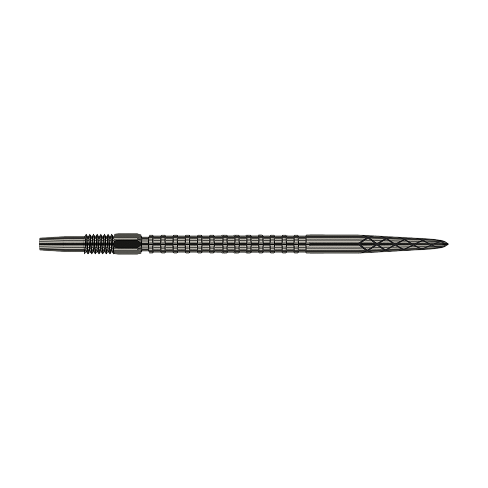 Punte per freccette Target Swiss DS Surge Point - Nere Das Bild zeigt eine schwarze Dartspitze mit gerillter Struktur und feiner Diamantmusterung an der Spitze. Die Spitze ist lang und schlank gestaltet und misst 40 mm.