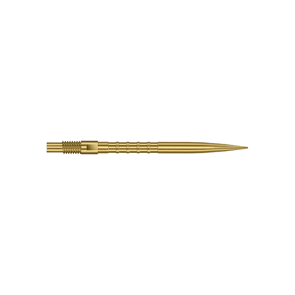 Punte per freccette Harrows Quick Point Heavy Metal - Oro Das Bild zeigt goldene Dartspitzen mit starkem Metallgriff und 30mm Länge. Zu sehen ist das Produkt Harrows Quick Point Heavy Metal Grip Dartspitzen Gold 30mm.