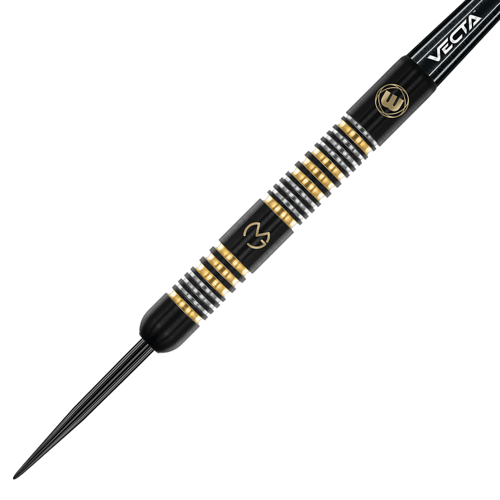 1481_Winmau_Michael_Van_Gerwen_Trilogy_Steeldarts_2 Das Bild zeigt einen schwarzen Steeldart mit goldenen und silbernen Ringen. Auf dem Dart sind Logos und der Schriftzug "VECTA" zu sehen.